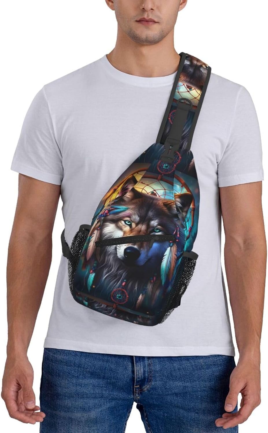 Wolf And Dream Catcher Cross Chest Bag Large Capacity Bag Travel Hiking Crossbody Bag Daypack for Women Men