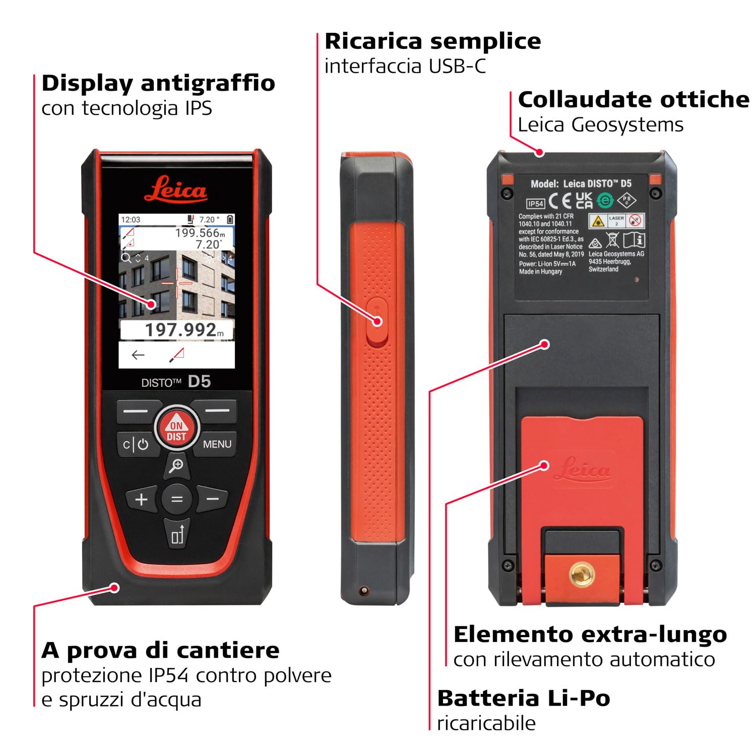 Leica Disto D5, Metro Laser Professionale con Bluetooth, Uso con App, Mirino, Uso Esterno e Interno, e Sensore d'Inclinazione per Tracciamento dell'Altezza, Profilo e Misurazione dell'Angolo