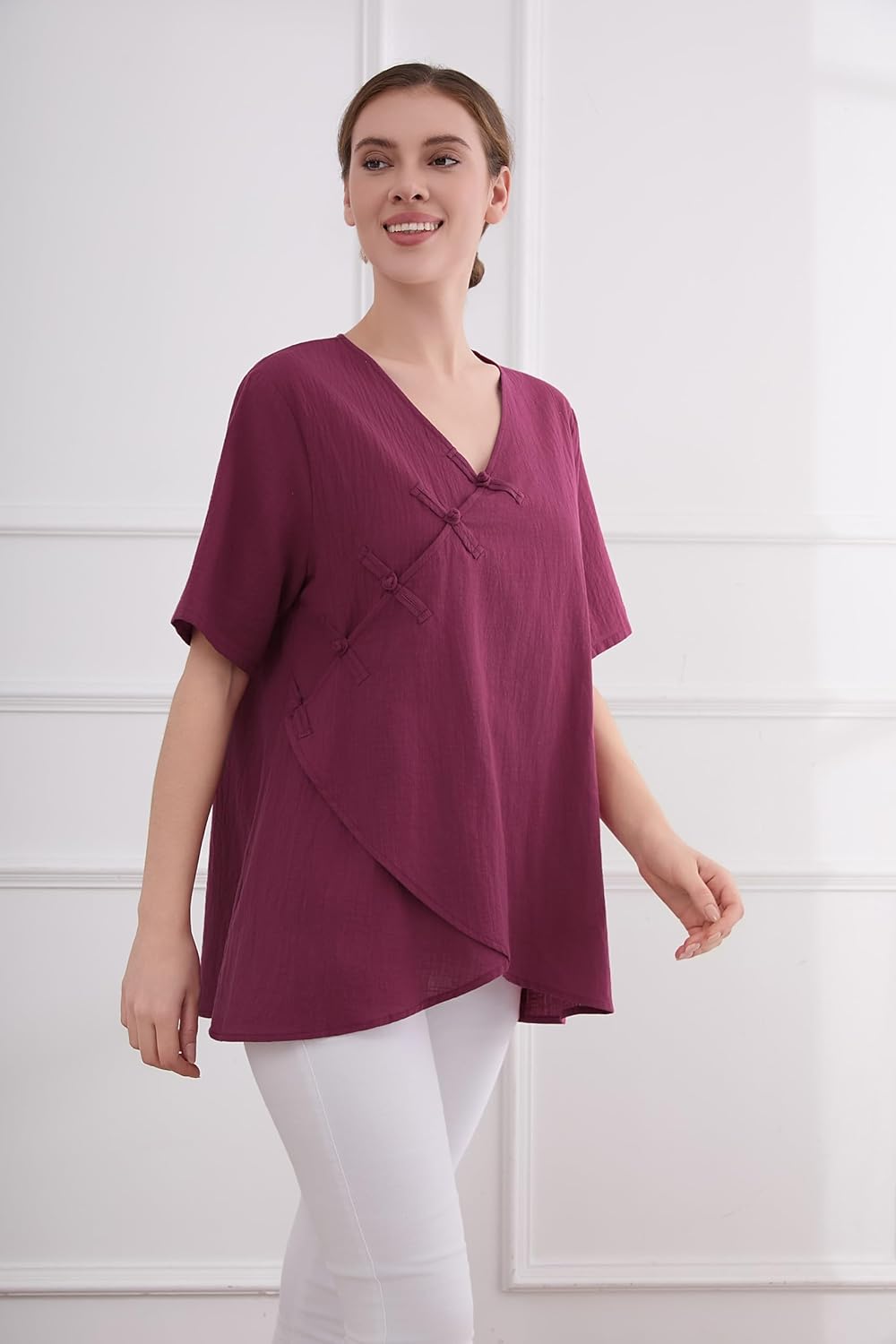 Minibee Women's Linen Retro Chinese Frog Button Tops Blouse - Image 3