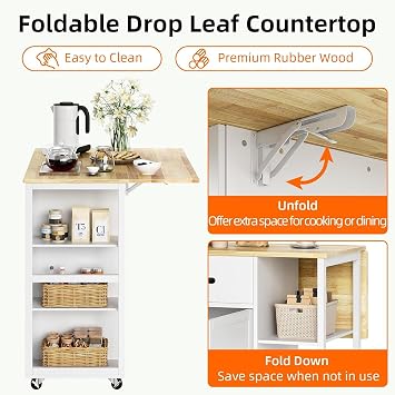 Rolling Kitchen Island with Storage, Portable Kitchen Island Cart with Drop Leaf Countertop, Mobile Kitchen Islands with Spice Racks & Towel Rack, Breakfast/Bar Cart with Storage Cabinet & Drawers