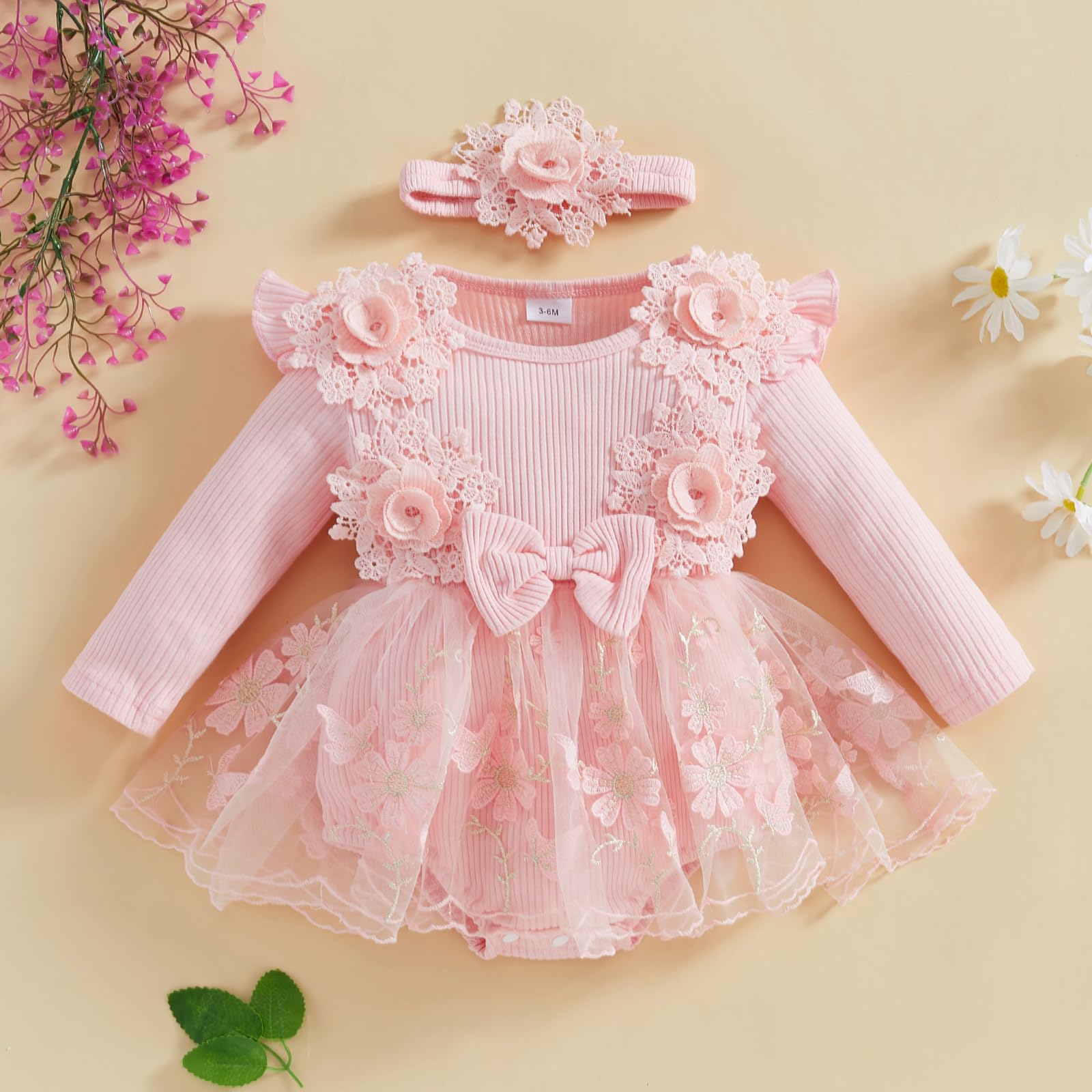 Douhoow Baby Girl Romper Dress Baby Dress Romper Lace Flowers Infant Fall Winter Festival Clothes with Headband (Pink, 0-3 Months)