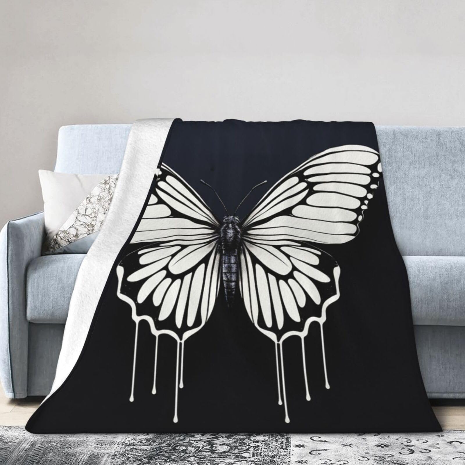 Plaid réversible motif papillon noir et blanc pour camping et lit