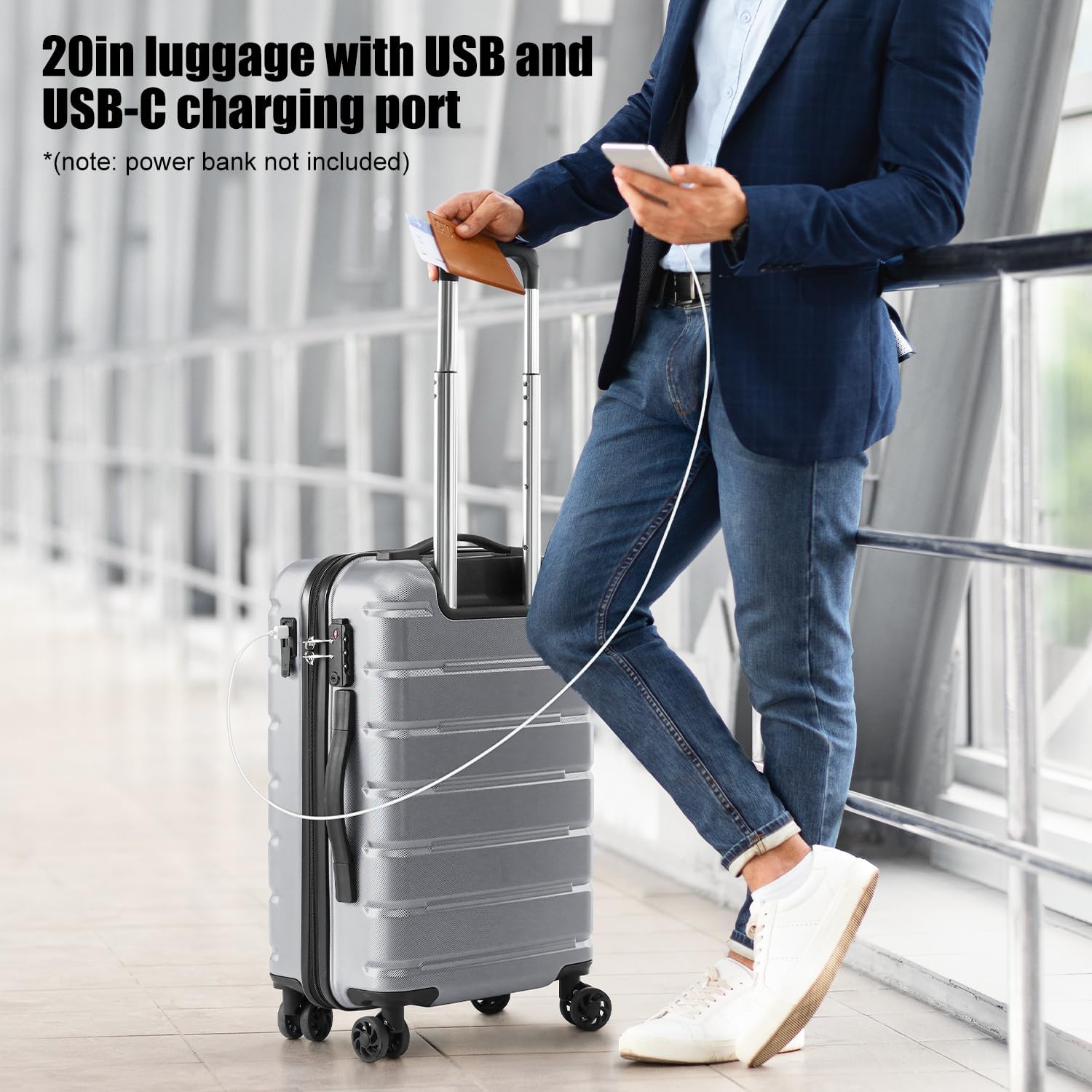 Coolife Luggage Suitcase Carry-on Spinner TSA Lock USB Port Expandable (only 28’’) Lightweight Hardside Luggage (Silver, S(20in_carry on)) - Image 2