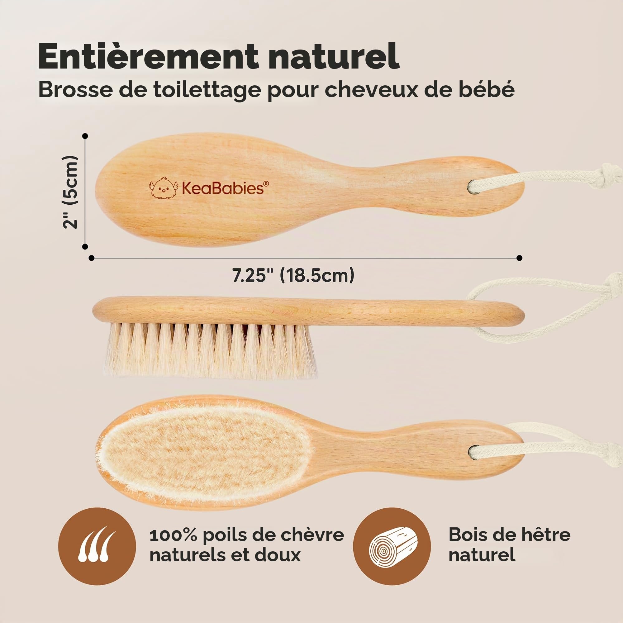 Brosse à Cheveux Bébé Pour Nouveau-né - Brosse à cheveux en bois naturel avec poils de chèvre doux pour berceau - Kit de toilettage parfait du cuir chevelu pour nourrissons, tout-petits et enfants