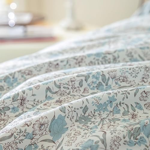 Miniatura 7 de Funda de edredón floral King, 100% algodón, juego de ropa de cama floral de 3 piezas, estilo jardín, patrón de flores azules, con cierre de