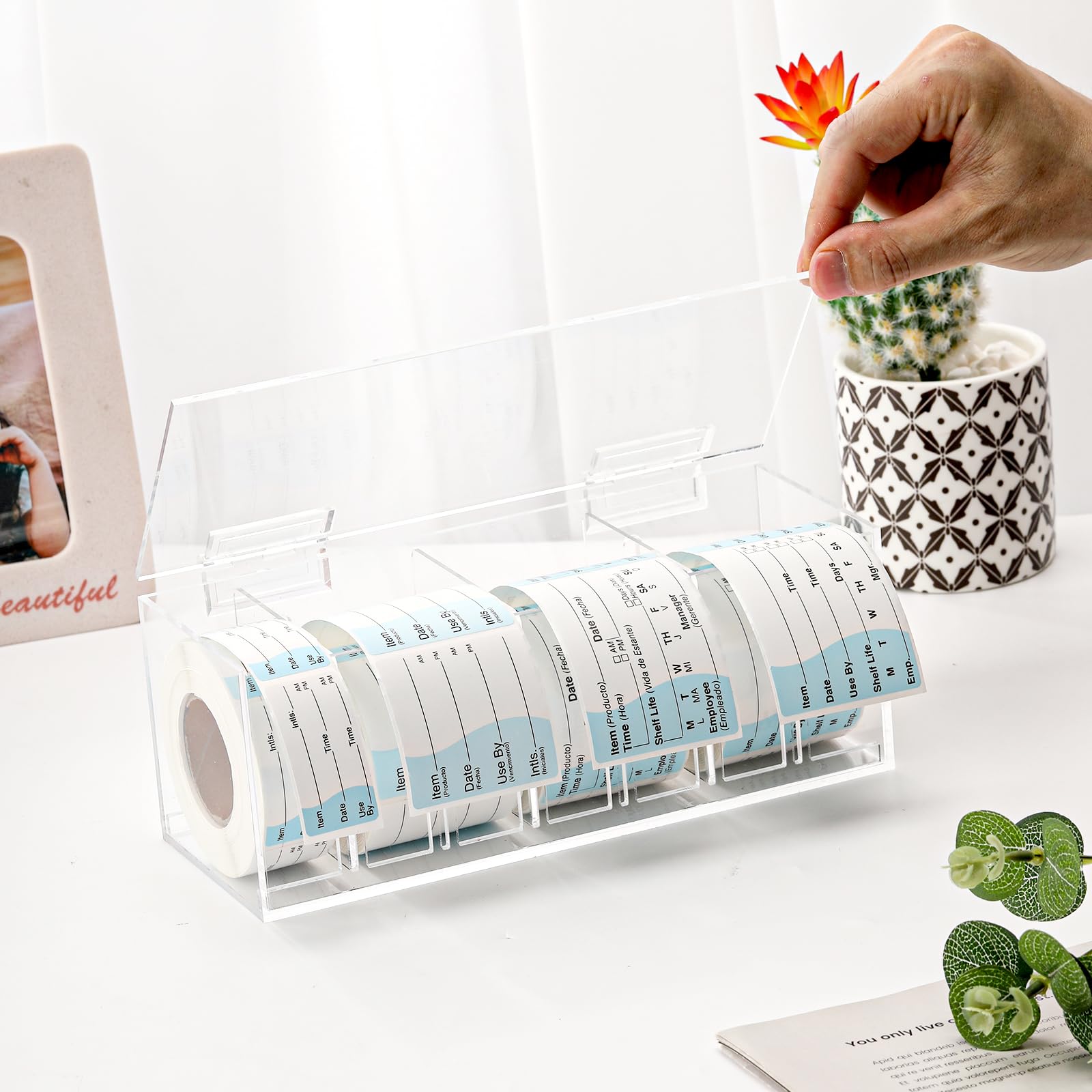 Dispenser di etichette alimentari solubile Supporto per etichette adesive Supporto per rotolo adesivo impermeabile Dispenser regolabile per adesivi per data Adesivi settimanali Etichetta mese