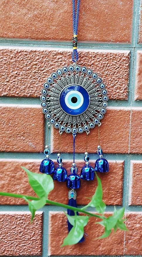 Image of Decorative Wind Chime for Home | Wooden House with Bells Colourful Beads | Positive Energy Balcony Living Room Hall Garden Home Decor (Evil Eye Hanging)