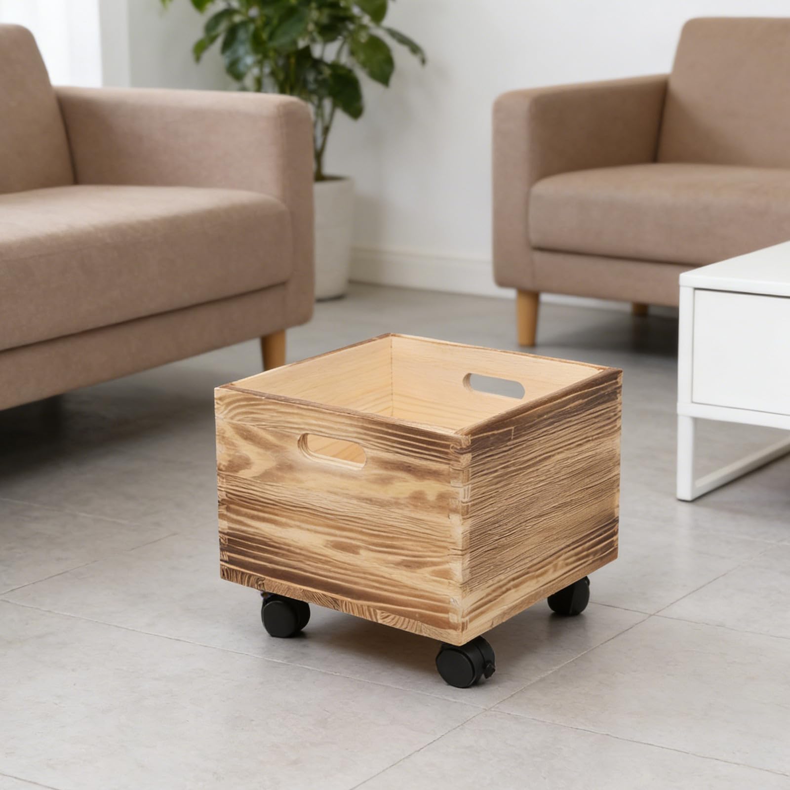 HEMOTON Caisse de Rangement en Bois Solide avec Couvercle, Forme Carrée Rustique, pour Magazines et Disques Vinyles, Portable avec Roulettes, pour Dortoirs et Bureaux