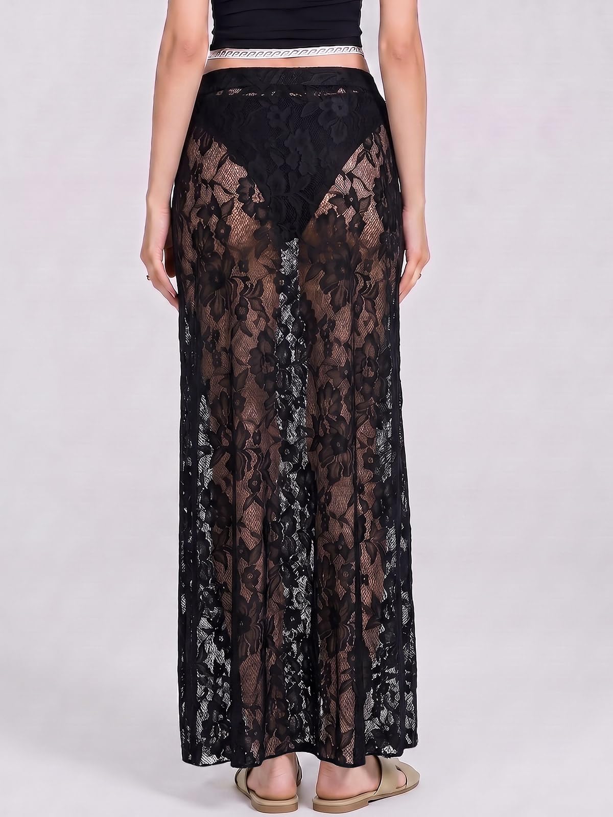 Gonna Donna Lunga in Pizzo a Vita Alta Pizzo Elegante Trasparente Ricami Floreali Cintura Elastica Gonna Lunga Casual Spiaggia Vacanze Estive Senza Fodera
