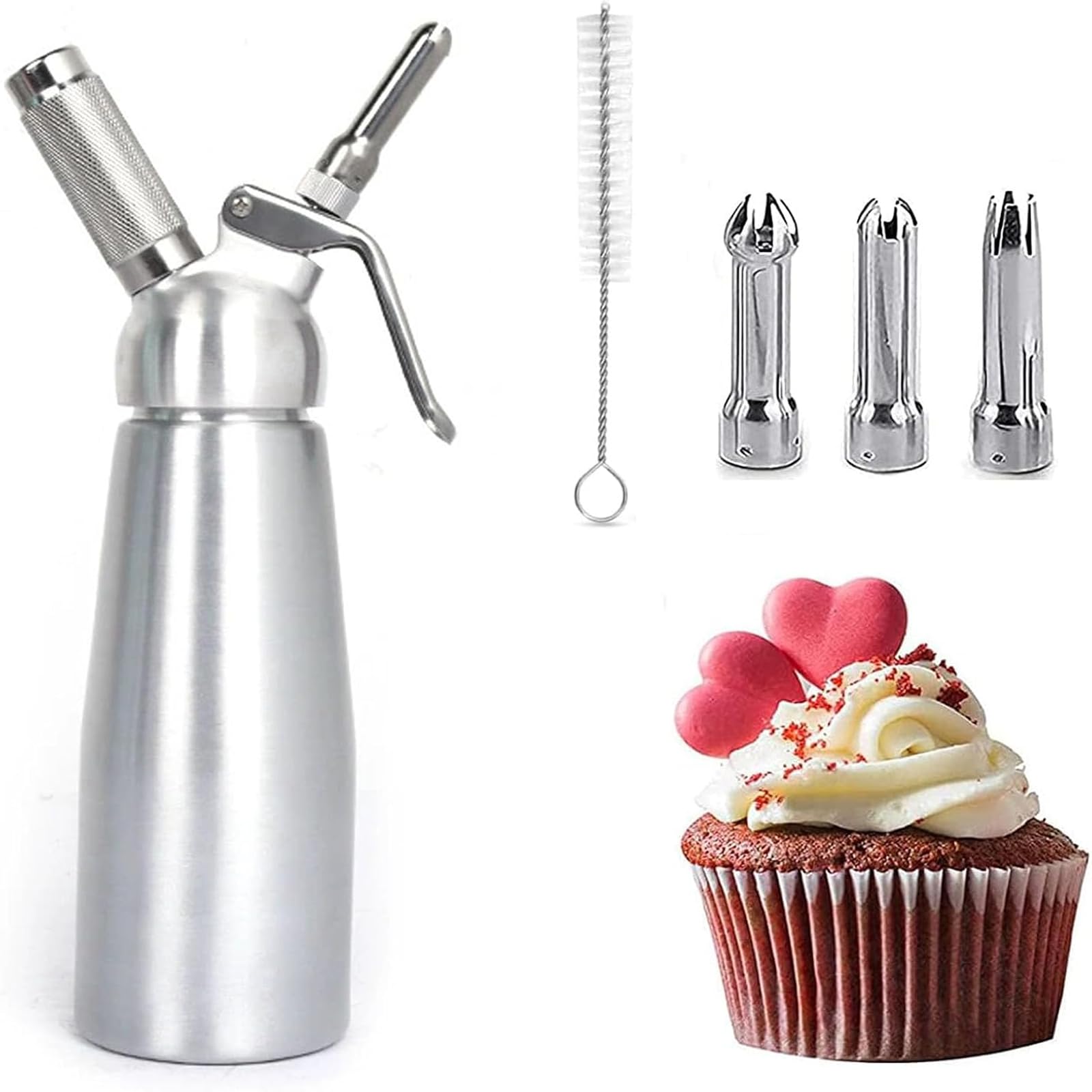 Sahnespender 250mL mit 3 Edelstahl Spritztüllen und 1 Bürste, 0,25L Sahnebereiter Sahne Spender Aus Aluminium für Heiße und Kalte Cremes Schlagsahne Soßen