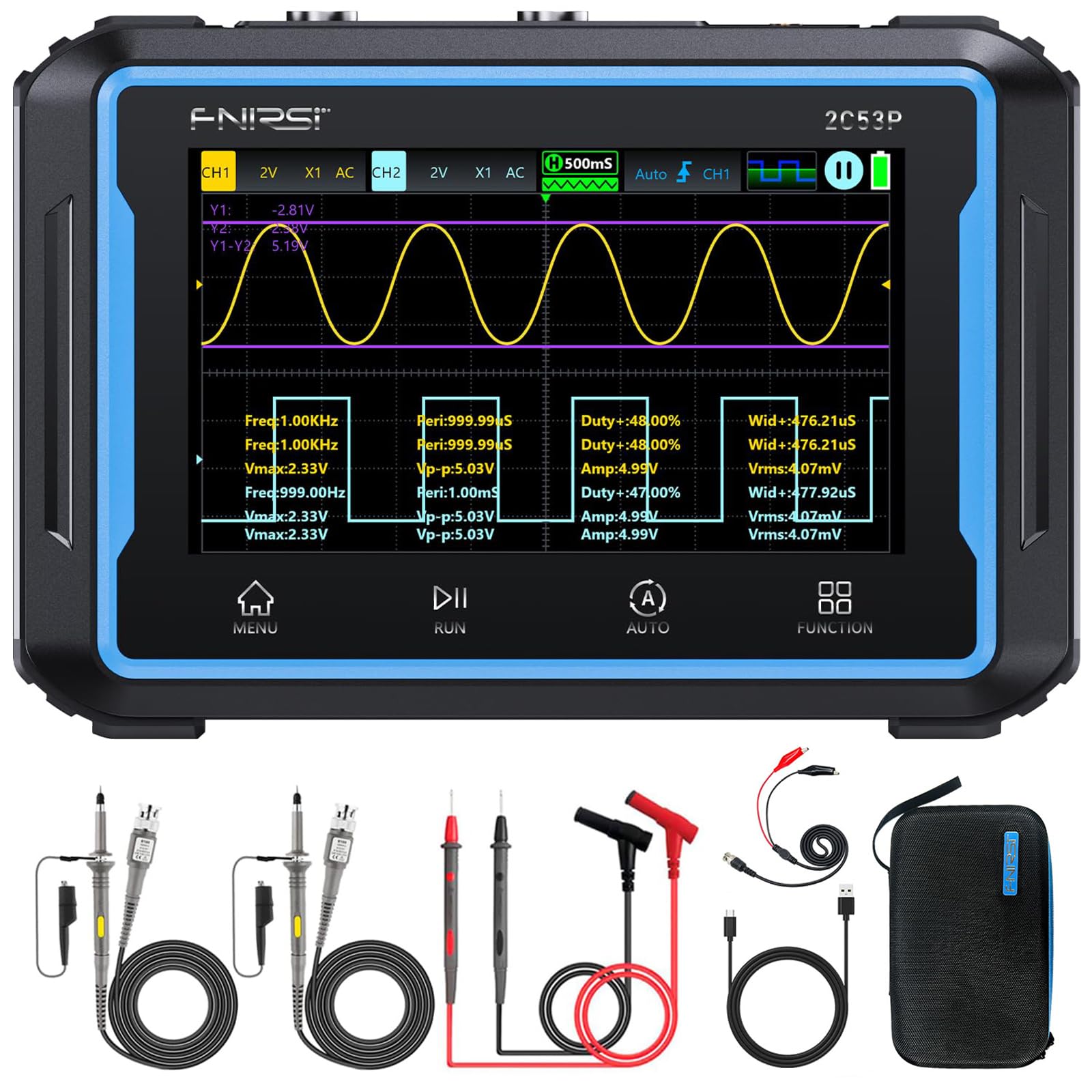 FNIRSI 2C53P Handheld Tablet Oszilloskop, Multimeter, DDS-Signalgenerator 3IN1, 2-Kanal Automobil Oszilloskop Multimeter mit 50MHz Bandbreite, 19999 Zählungen, 250MS/s Abtastung, 4,3-Zoll-Touchscreen
