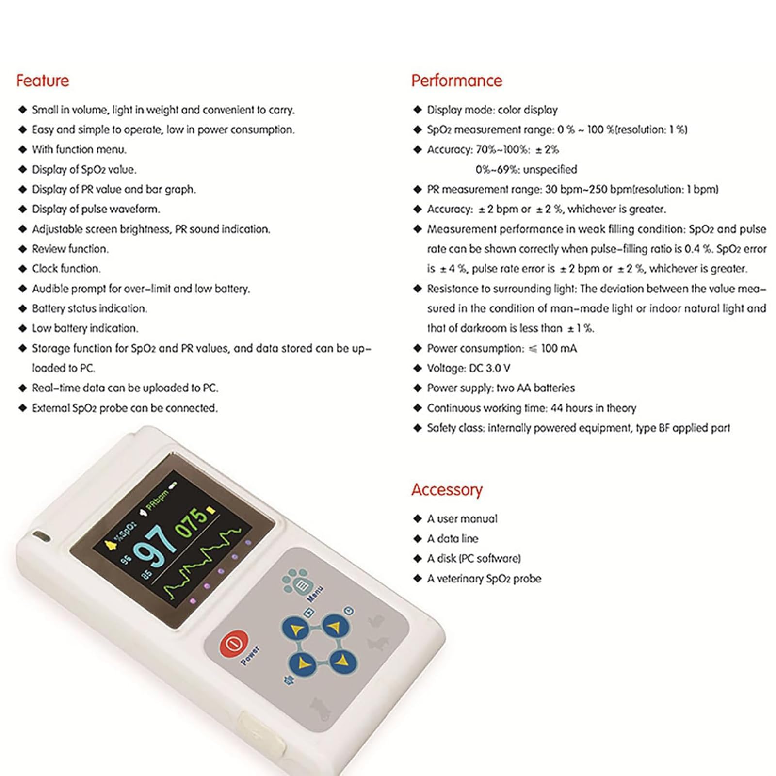 VeterinäRmedizinisches Arterielles BlutdruckmessgeräT, Haustier-Pulsoximeter, Herzfrequenzmesser Ohr/Zunge, Mit Sonde + USB-Kabel, Speicher- Und Wiedergabefunktion, FüR Katzen, Hunde