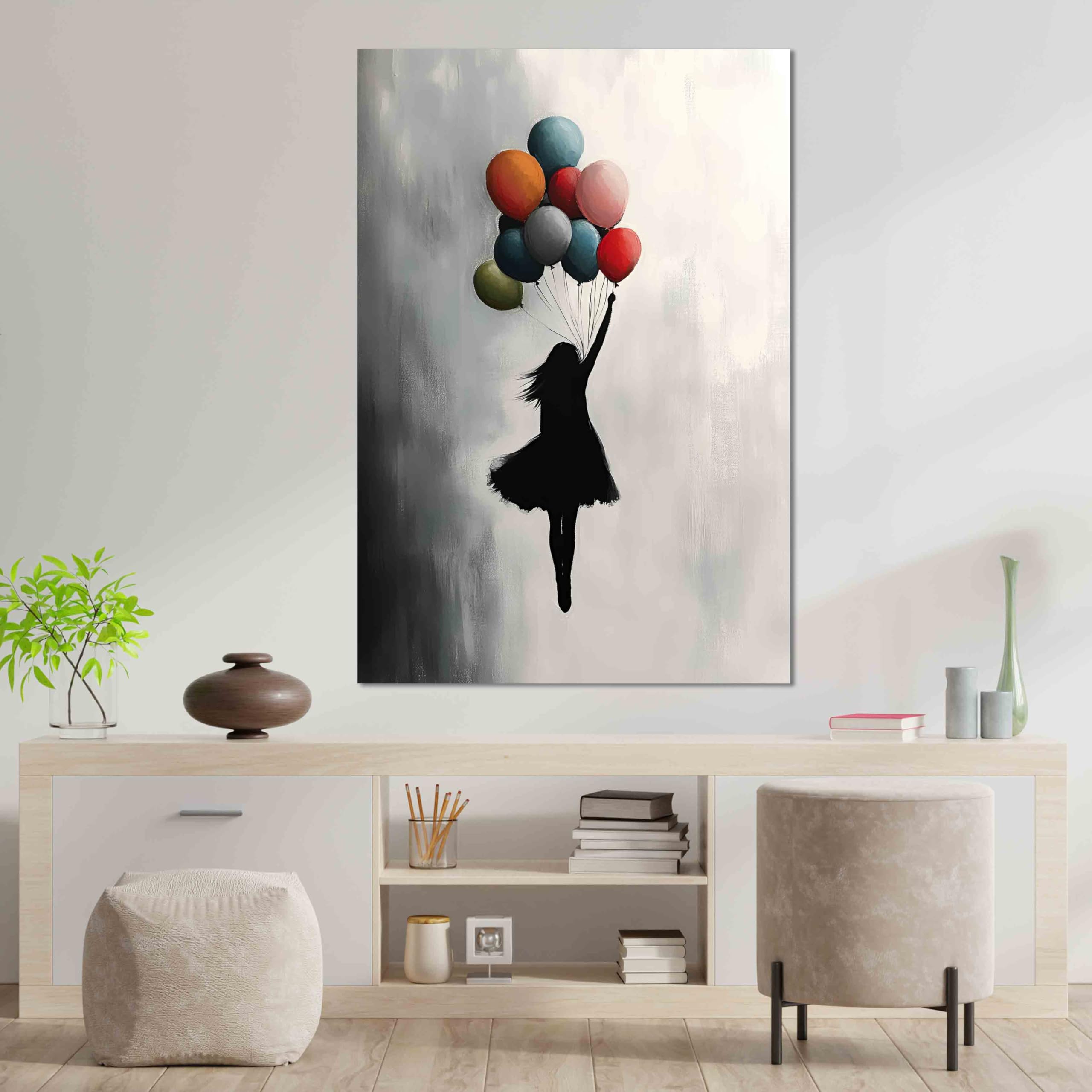 Kunstbruder Wandbild Banksy GirlFlyingBallons, Bunt, 60x80 cm | Hochformat, Leinwand, Graffiti Kunstdruck, Schlafzimmer & Wohnzimmer Deko