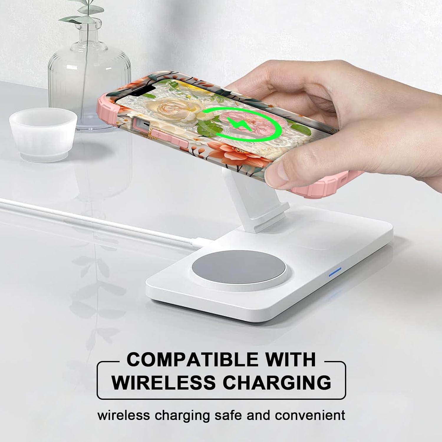 PIXIU Unique Flower Pattern Compatible with iPhone 13/14 6.1 inch case, Heavy Duty Dual Layer Shockproof Full-Body Protective Sturdy Hybrid Cute Rugged Case for Women,Girls,Kids-White/Orange - Image 7