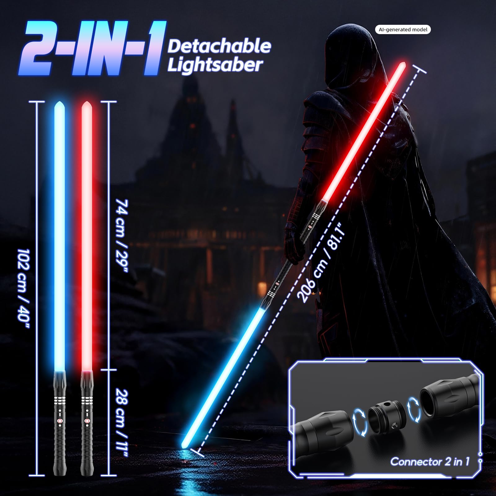 Sable de luz RGB 24 Colores, 102 CM Sable láser con USB Recargable Cara Mango de Metal Vibrante, Espada con Sonido FX para Navidad Cosplay Regalos (Prisma 2pc)