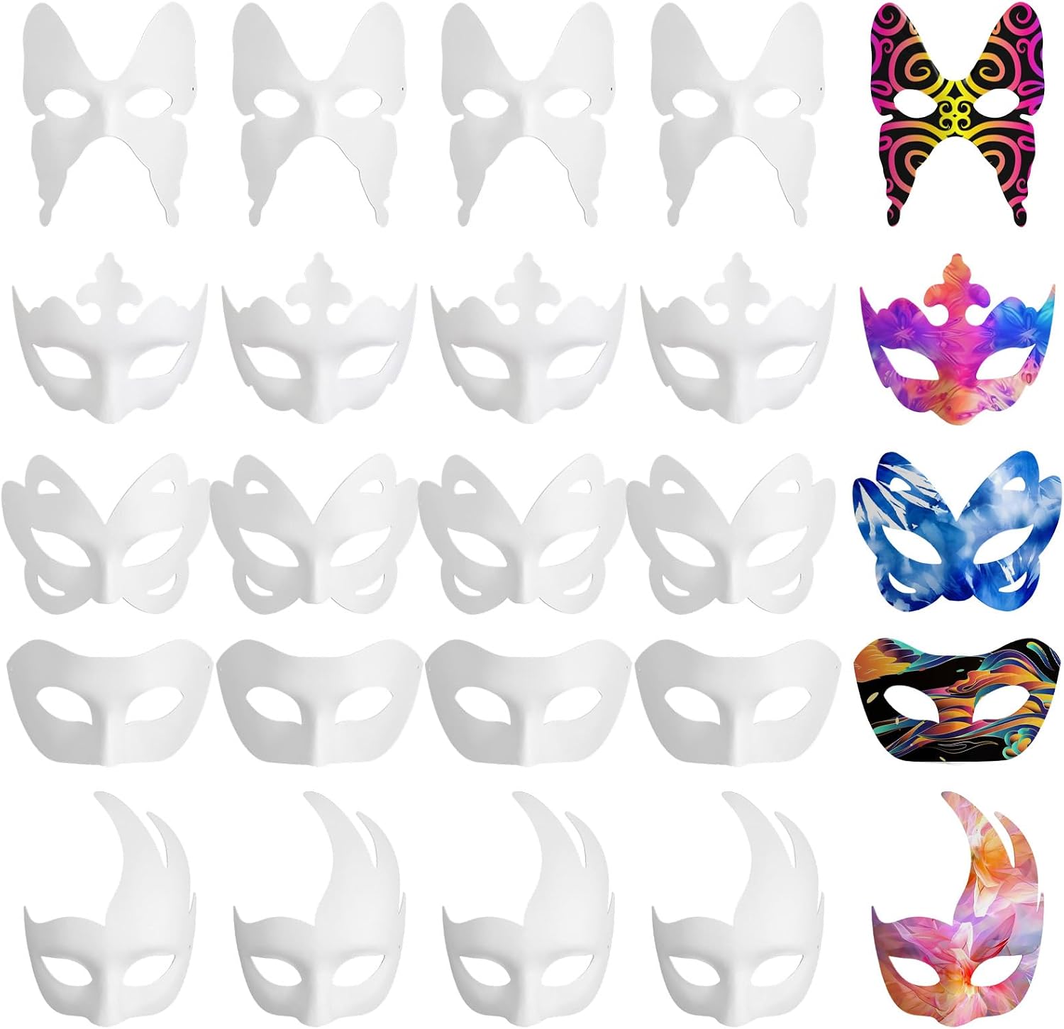 40 Pcs White Half Face Masks for DIY Painting White Half Mask Paper Mache Masquerade Mask Set with Elastic Band, 5 Styles (Flame, Prince, Butterfly, Flower Butterfly, Crown) for Halloween Party Crafts
