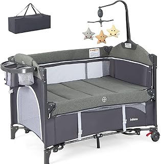 Baby Travel Cot, 5 in 1 Foldable Baby Bedside Sleeper with Bassinet Diaper Changer Mattress Carry Bag Music Box Hanging Toys, Portable Crib Playard Pack and Play for Newborn Infant (Classic)