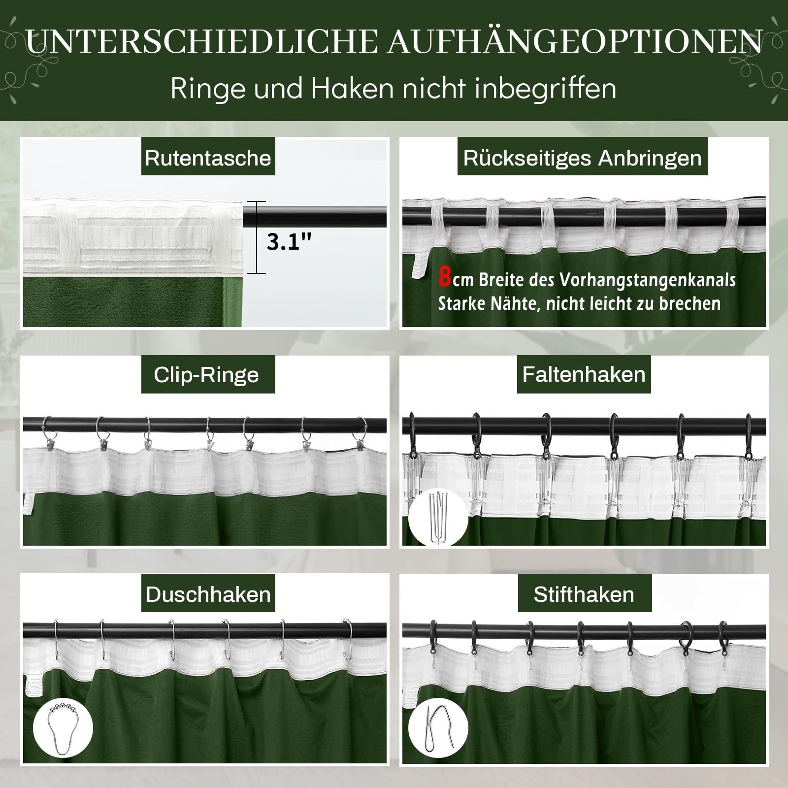 Rosnek Thermovorhang Kräuselband 2 Stück,90% Blackout Curtains Thermogardine Vorhang Samt,Verdunkelungsvorhänge übergardinen Vorhänge,Olivgrün,H244xB132CM