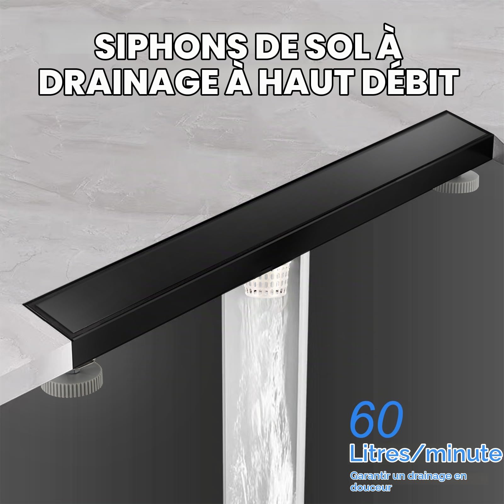 24in Caniveau Douche Italienne, 2 en 1 Caniveau Douche, drain de plancher de douche en acier inoxydable 304, avec grille, pieds de nivellement amovibles, filtre à cheveux (Noir mat)