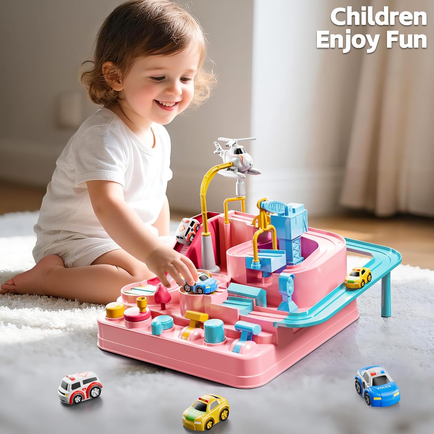 Car Race Track for Kids Ages 4-8, Kids Car Toys for 3 Year Old Boys, Race Track for Toddlers 3-5, City Set with 3 Small Cars and Helicopter, Educational Birthday Gifts (Pink)