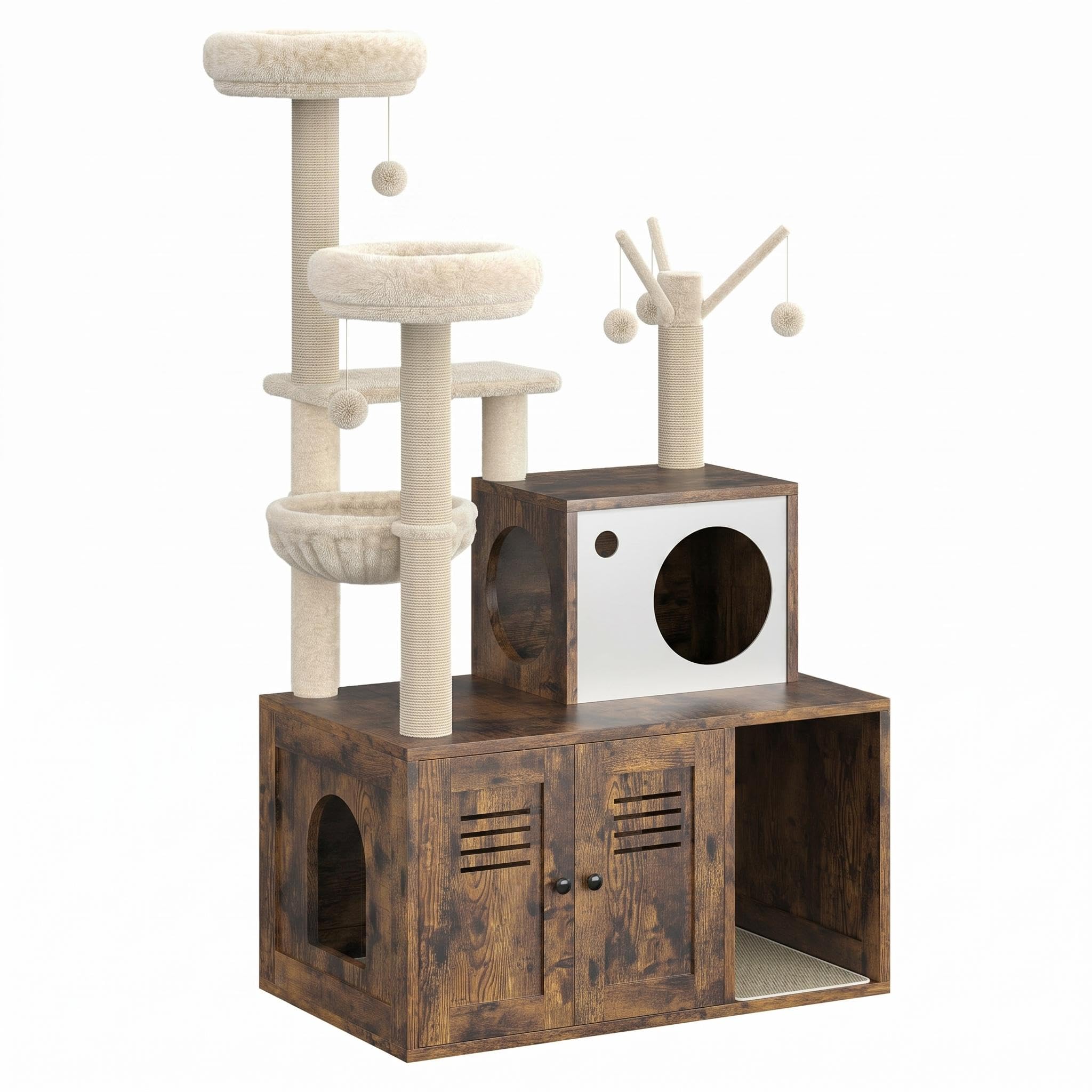 Cat Litter Cabinet with Climbing Tree, 1 Piece 12MM Particle Board + 400G Plush, 140 cm High, Multifunctional Pet Furniture, Indoor Pet Accessories, Hidden Litter Box Enclosure