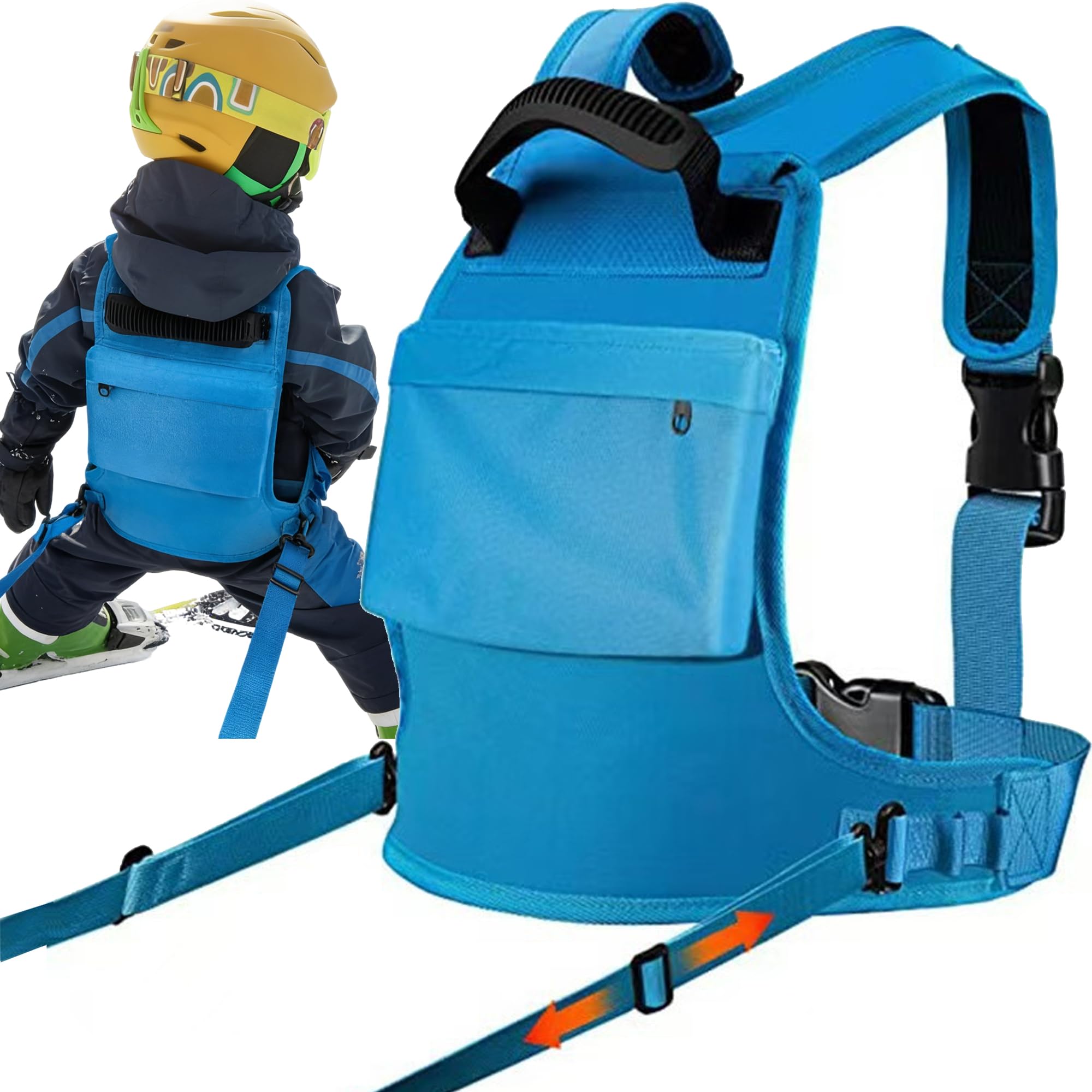 MINGZE Ski and Snowboard Belt for Kids, Ski Carrying Belt with Adjustable Strap and Bag, Removable Snowboard Accessories Speed Control Lessons for Kids Beginners (Blue)