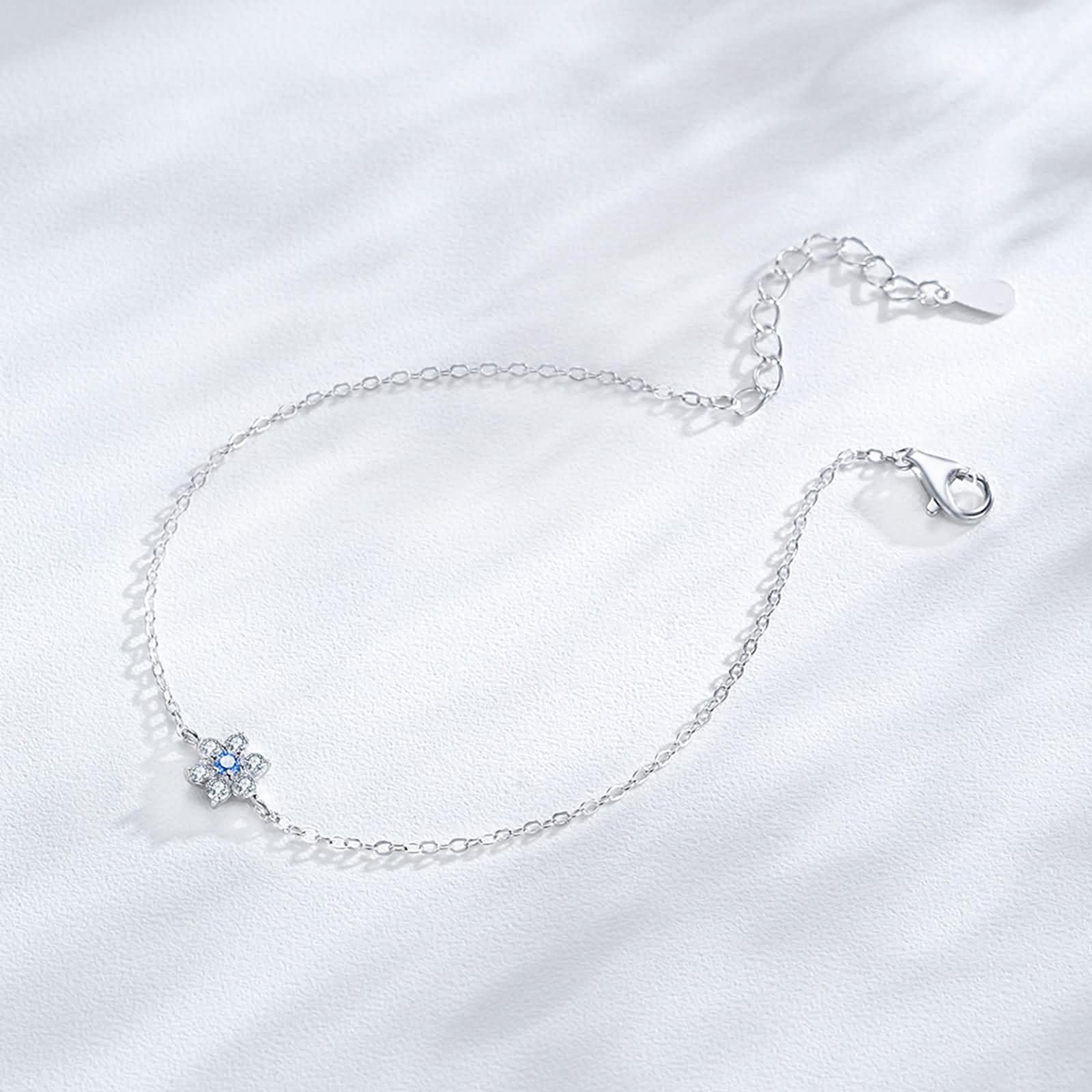 Pulseras Oro Blanco Mujer 9Kilates / 14Kilates / 18Kilates, Flor con Aguamarina y Diamante Creado, Cadena Extensible 16 CM + 5 CM, Pulsera de Mujer Ajustable Plata Azul Claro