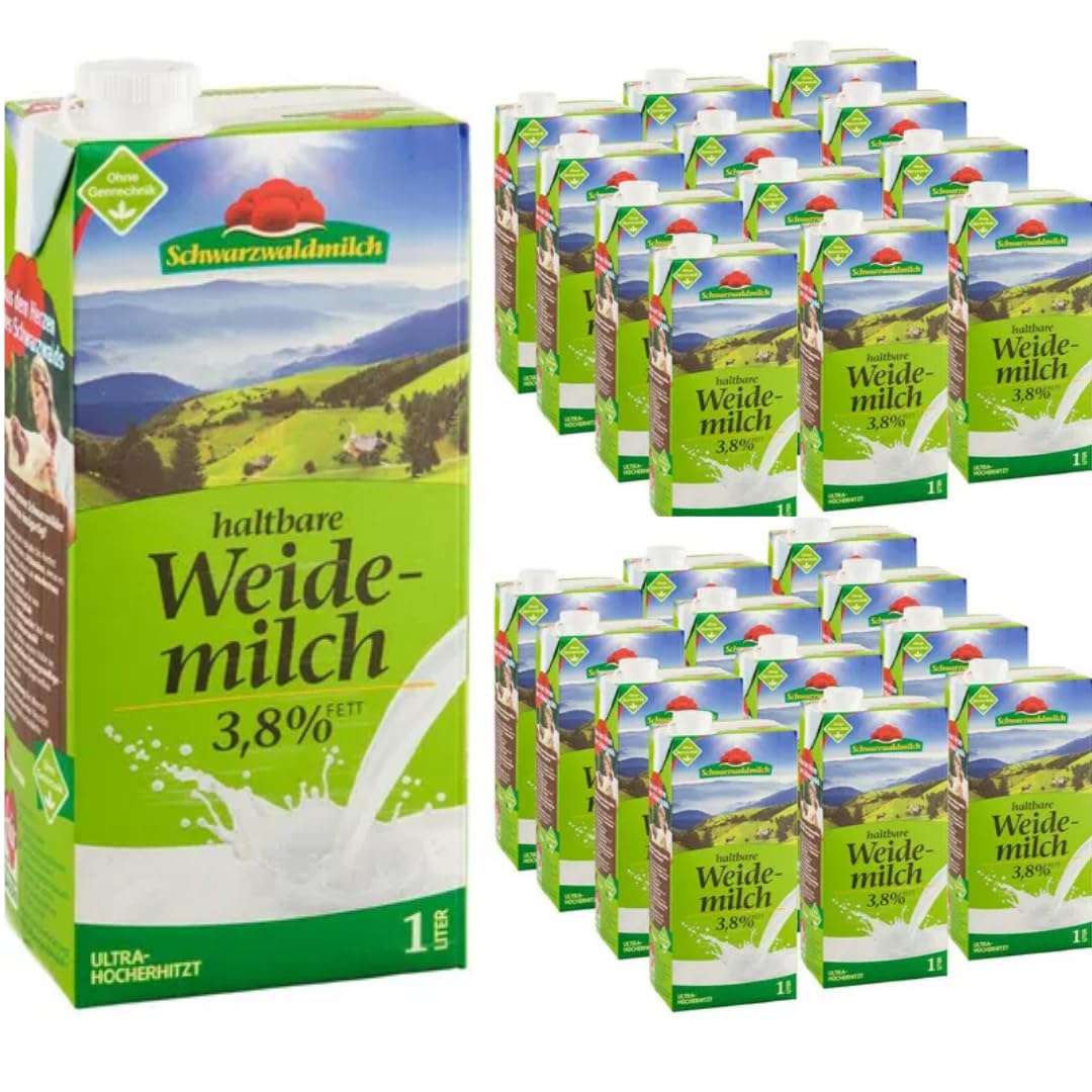 Schwarzwaldmilch Milch fettarme H-Milch, 3,8% Fett Haltbare Milch, Weidemilch, je 1 Liter, 24 Stück+ pufai