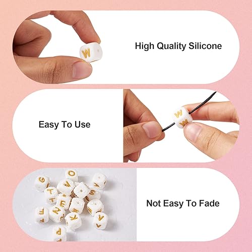 Miniatura 5 de FASHEWELRY 52 cuentas de silicona con letras de 0.472 in, cuentas cuadradas de silicona del alfabeto, cubo de oro blanco, cuentas focales de