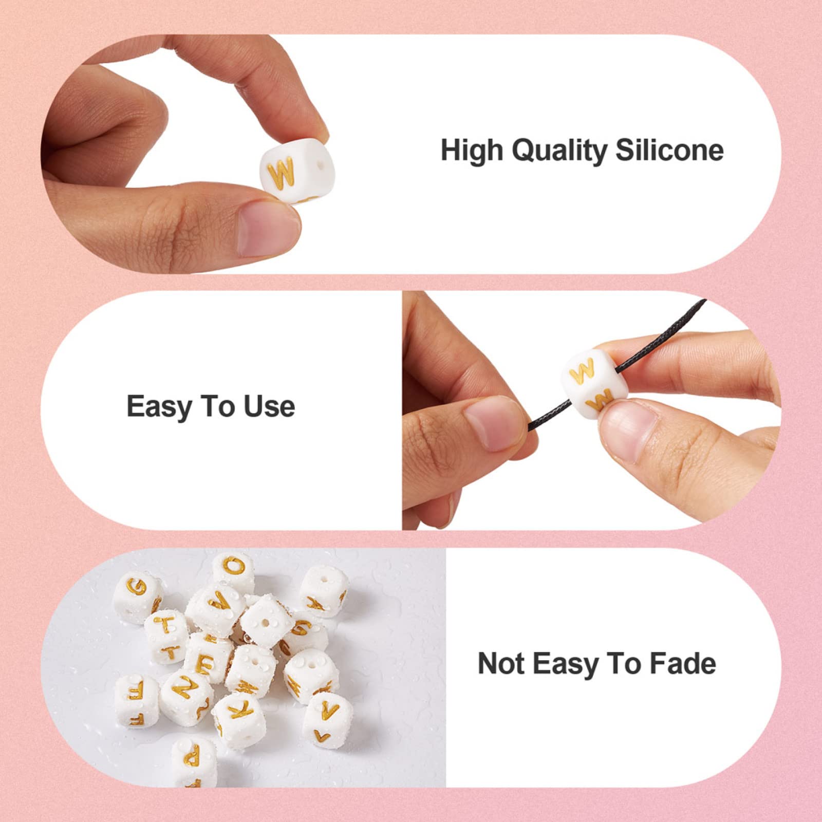 Lot De 52 Perles Carrées En Silicone Avec Lettres A à Z - 12 Mm, Blanc, Pour Fabriquer Bracelets, Porte-clés, Cordons De Serrage DIY - 14