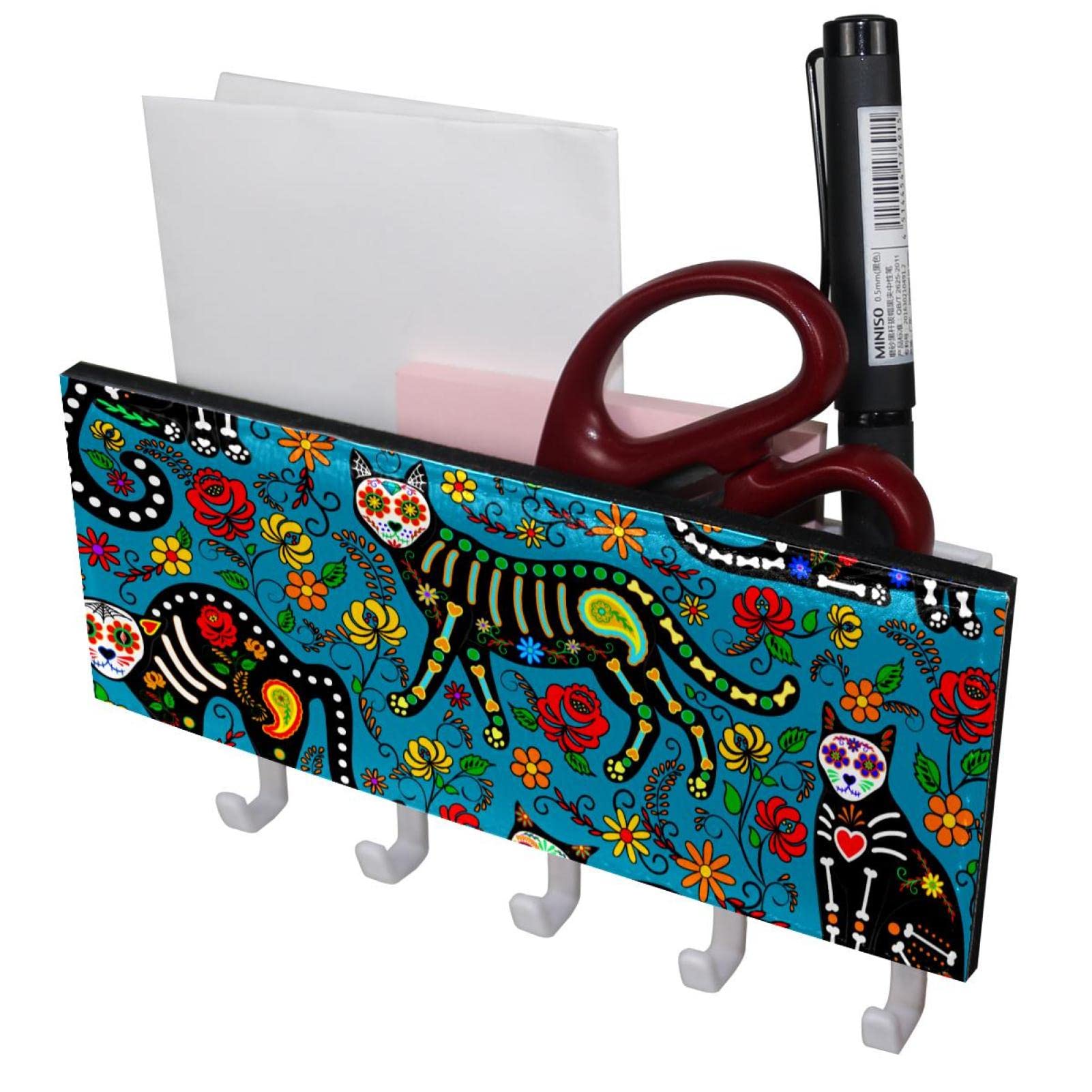 pattern with calavera sugar skull black cats in mexican style for holiday the Day of the Dead Dia de Muertos Rack Organizer with 5 Hooks Wall Bathroom Kitchen Shelf Rack Multifunctional Storage Shelf