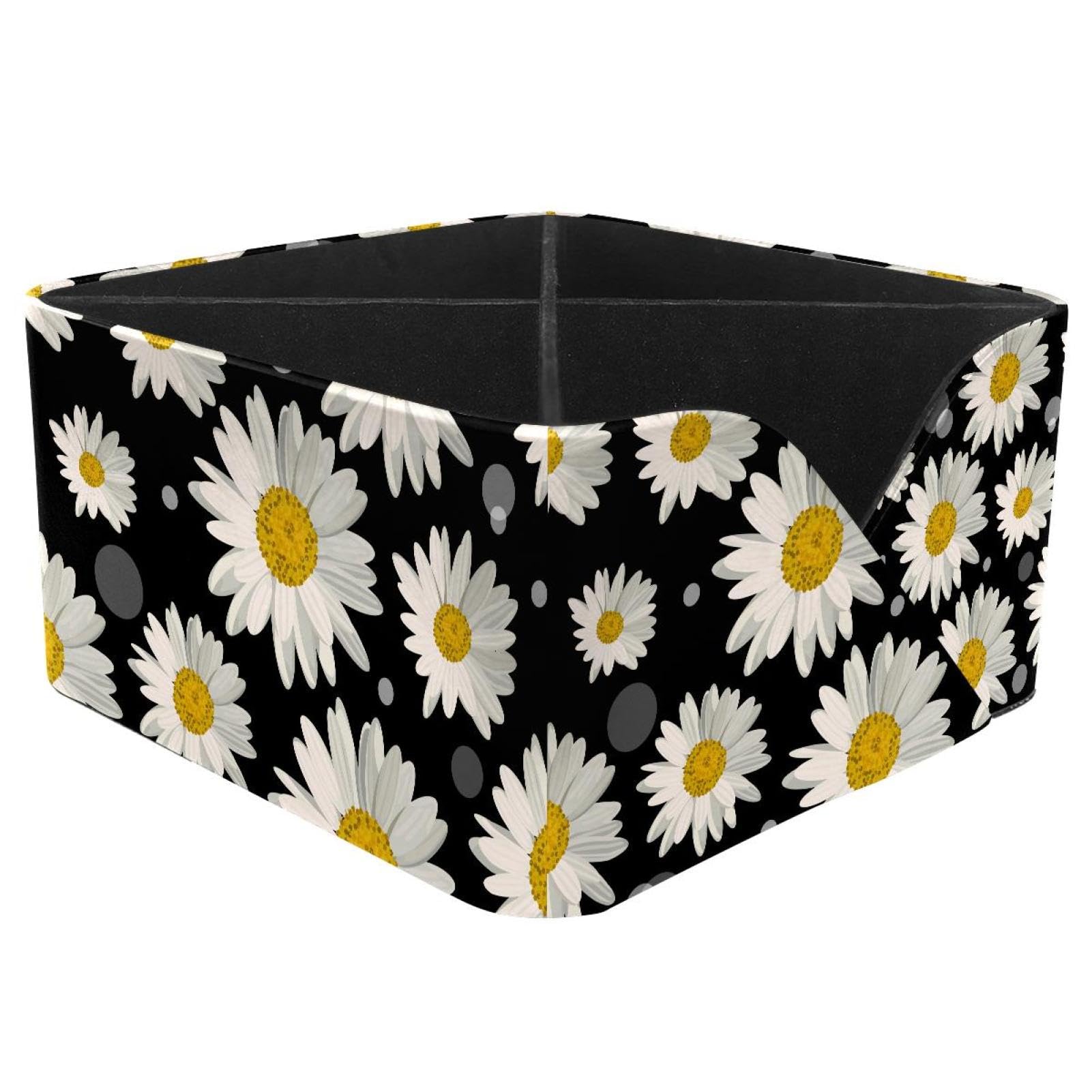 KengjuTesu White Daisies and Circles Pattern Desktop Organizer Pen Holder, Rectangular Pencil Cup for Office, Study and Makeup Stations