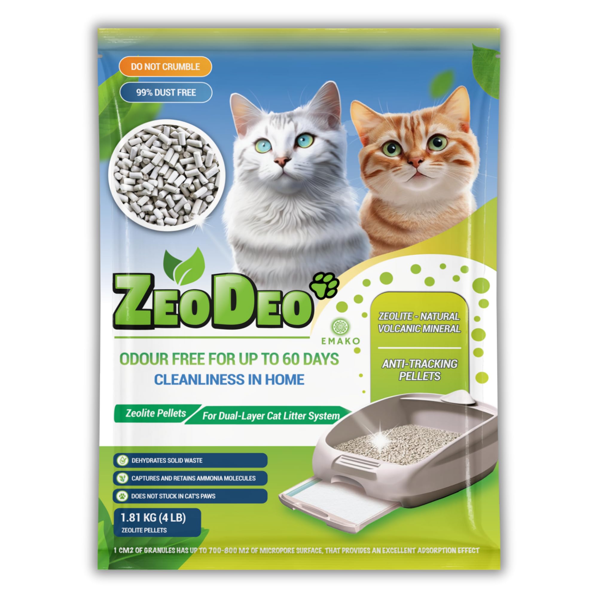""-Natural Zeolite Cat Litter Pellets for dual-layer cat litter systems 4 Lb or 1.81 kg