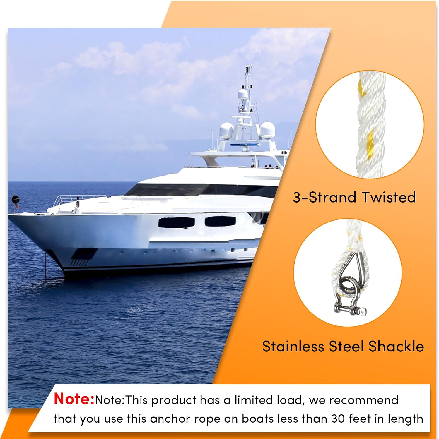 Anchor Rope 50 ft X 1/2 inch, 3-Strand Twisted Nylon Anchor Line, Boat Rope with Stainless Steel Thimble and Shackle for Boating, Anchoring, Mooring,Pulling (White/Yellow)