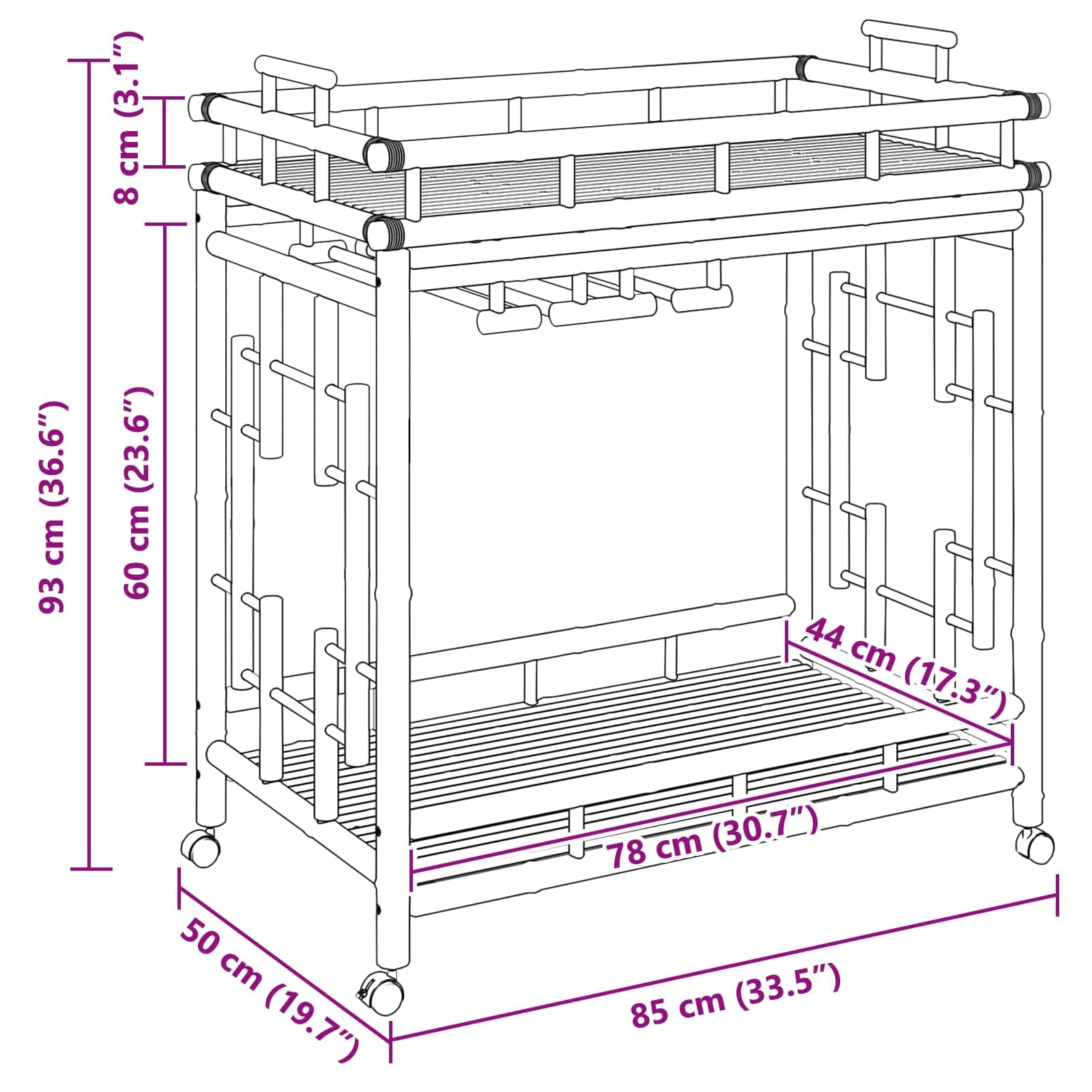 vidaXL Carro de Vino con Ruedas Natural 85 x 50 x 93 cm Bambú, Carrito Rectangular para Bebidas en la Cocina, Trolley Ligero para Vino, práctico y móvil