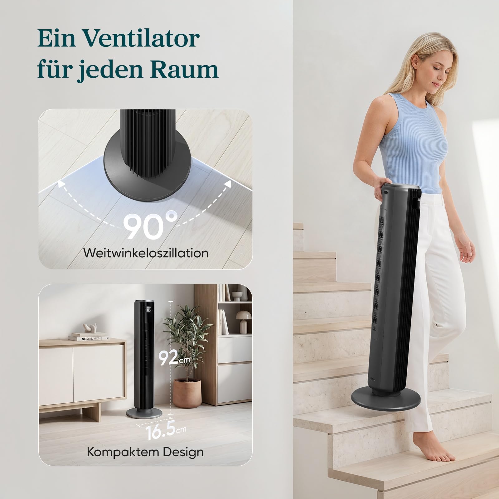 Levoit Turmventilator mit Fernbedienung, oszillierender Säulenventilator, 5 Geschwindigkeiten, 4 Modi, 12 Std Timer, 92 cm, Mattgrau