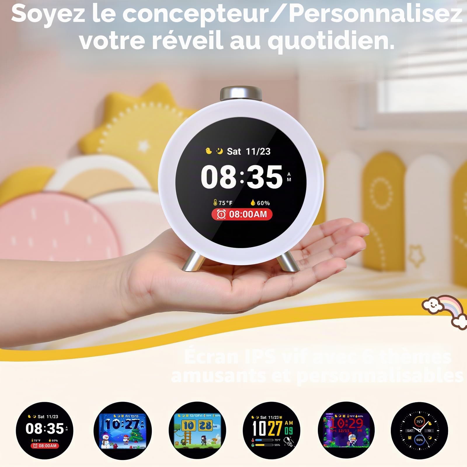 Dekala Réveil Enfant Boîtier Rond avec Écran IPS, Capteur De Température & Humidité, Thèmes Interactifs, Bruits De Sommeil, Alarmes Personnalisables pour Garçons Et Filles (argenté)