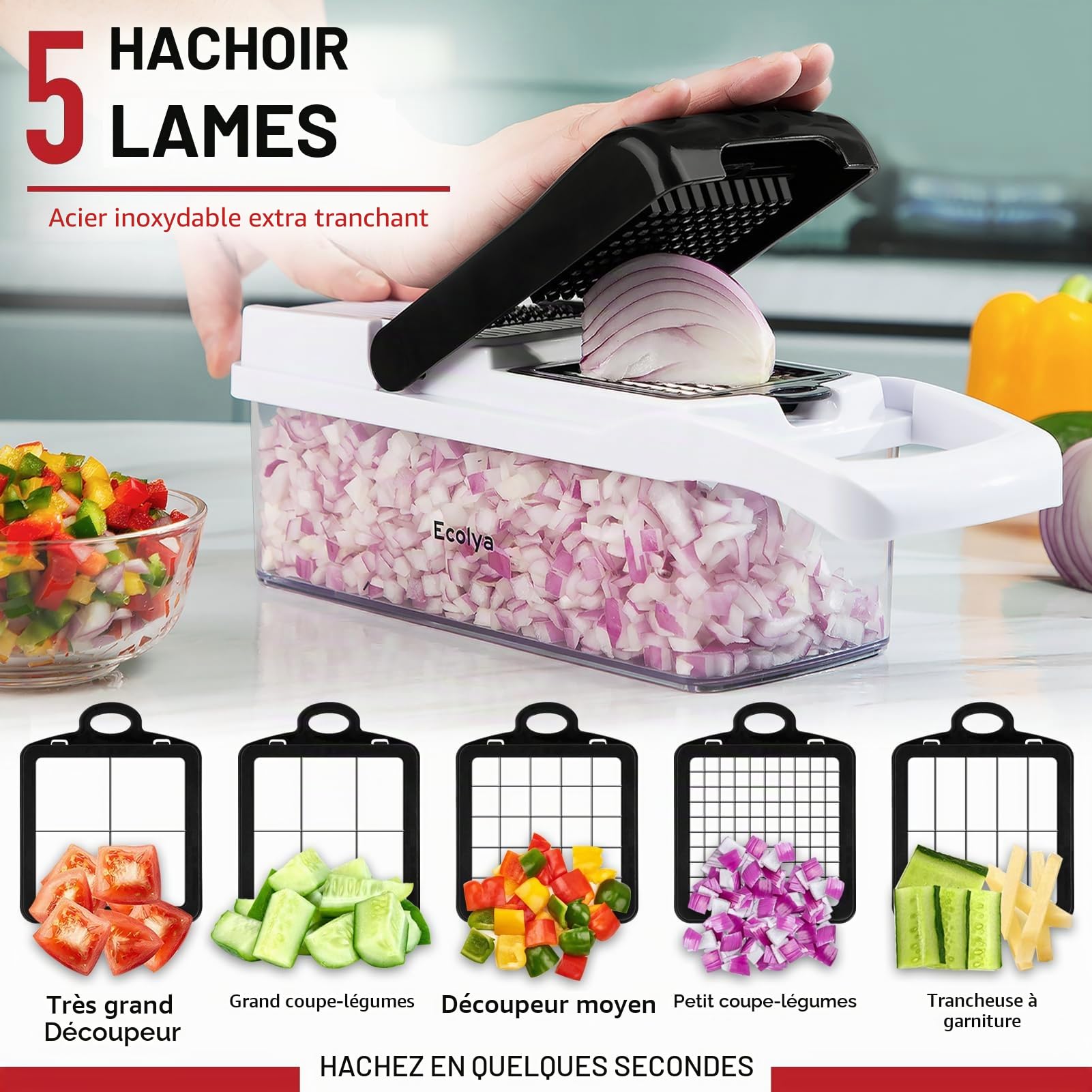 Hachoir à légumes et mandoline 25 en 1 - Hachoir alimentaire avec récipient et coupe-légumes - Coupe-légumes, coupe-légumes et trancheuse pour salade, oignon, pomme de terre et tomate - Gadget de