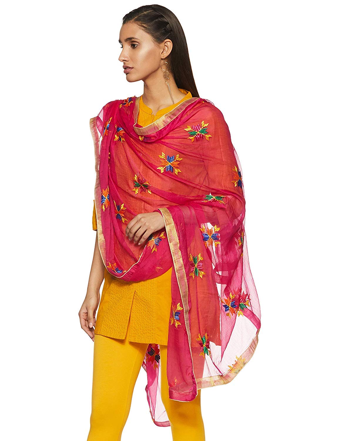 Weavers Villa Punjabi Hand Embroidery Phulkari Buty Work Faux Chiffon Pink Dupatta, Stoles, 2.25 Mtrs
