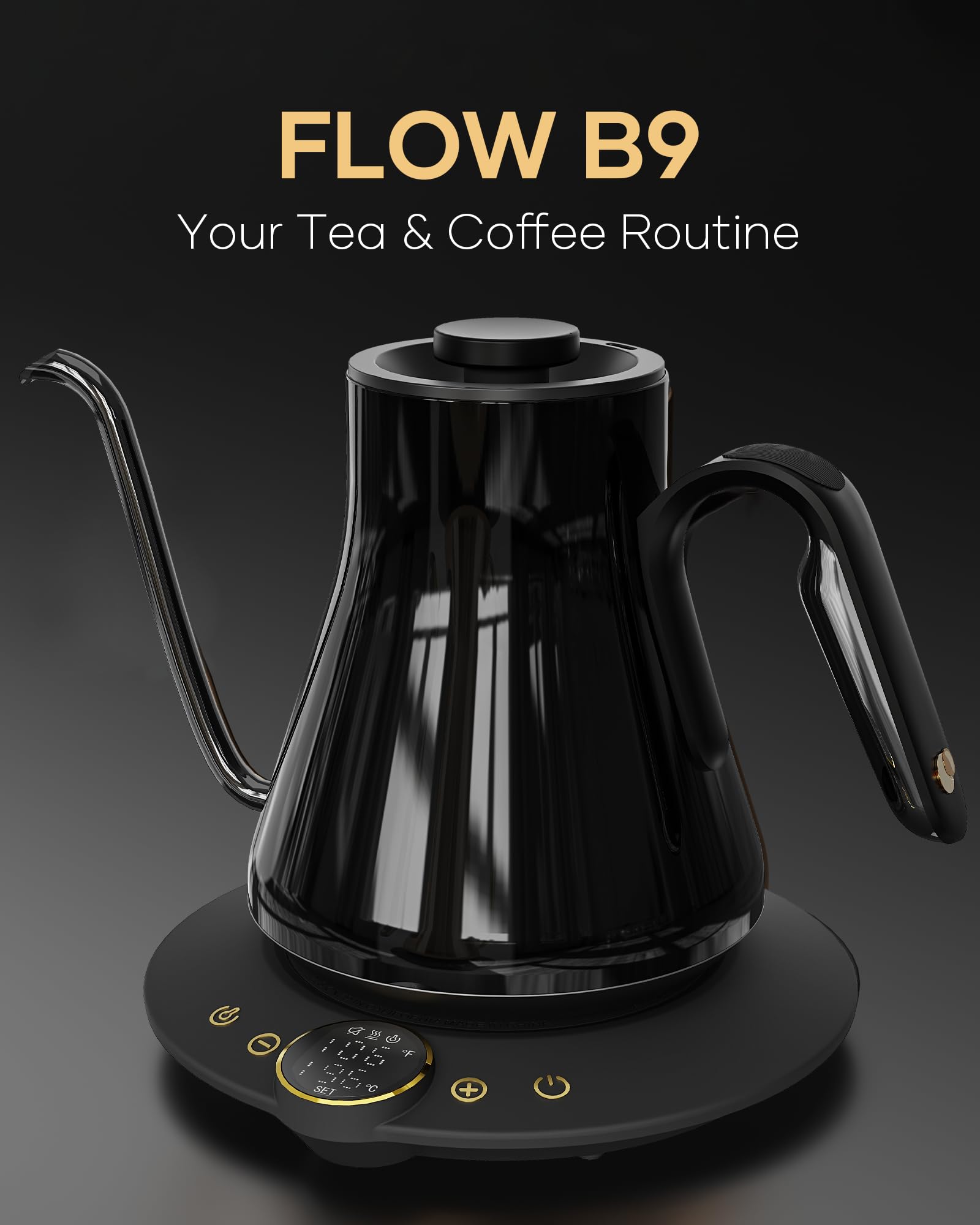 Cocinare FLOW B9 - Hervidor eléctrico de cuello de cisne con control preciso de temperatura para verter café y té, interior de acero inoxidable, calentamiento rápido para agua hirviendo, 1500 W/0.9 L