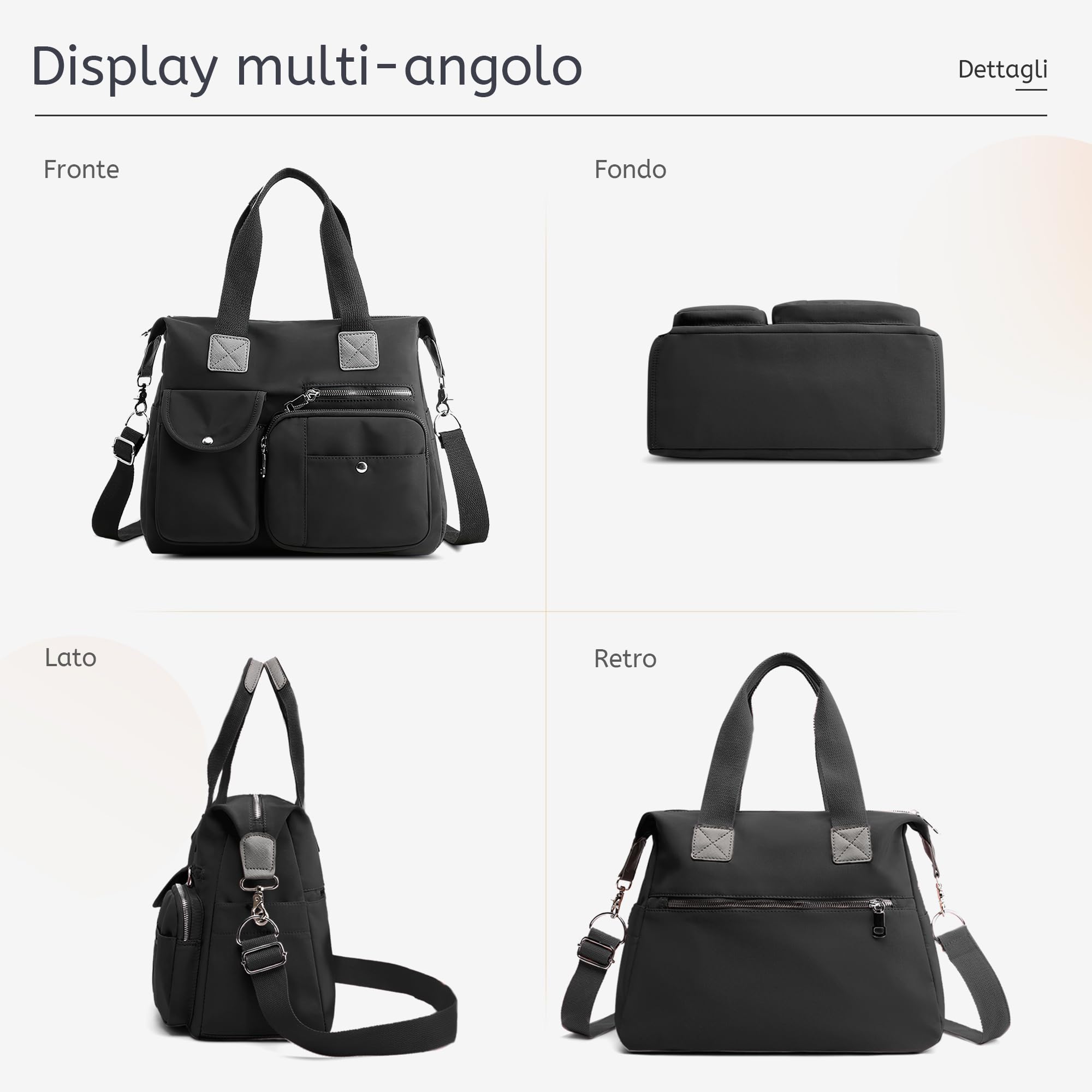 Borsa Donna Multitasche – Borsa A Mano In Nylon Impermeabile Con Tracolla Regolabile E Numerose Tasche, Grande Capacità Ideale Per Lavoro, Viaggi, Shopping E Quotidiano Nero Elegante