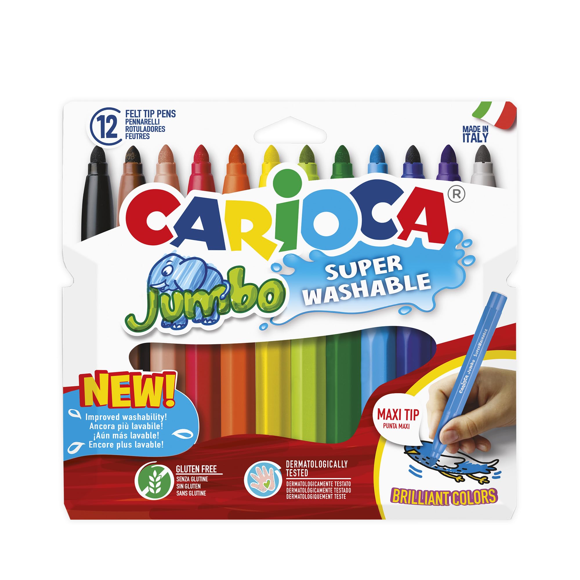 CARIOCA Pennarelli Jumbo Paperboard Wallet, Pennarelli Colorati per Bambini con Punta Maxi, Ideali per Disegnare e Colorare, Super Lavabili, Colori Assortiti, 12 Pezzi