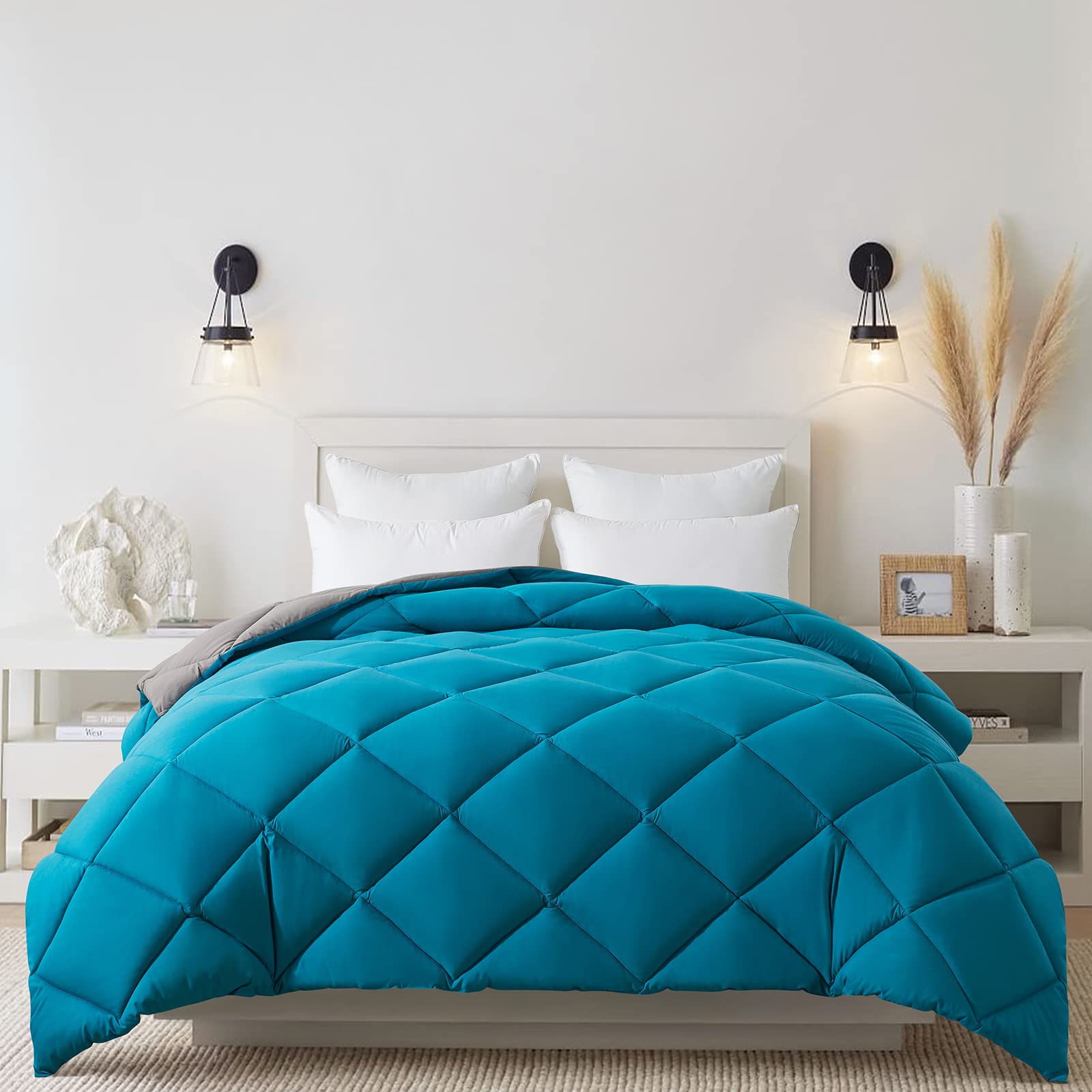 Cosybay Down Alternative Comforter (Blue/Grey, Full) - All Season Soft Quilted Full Size Bed Comforter - Duvet Insert with Corner Tabs -Winter Summer Warm Fluffy, 82x86 inches