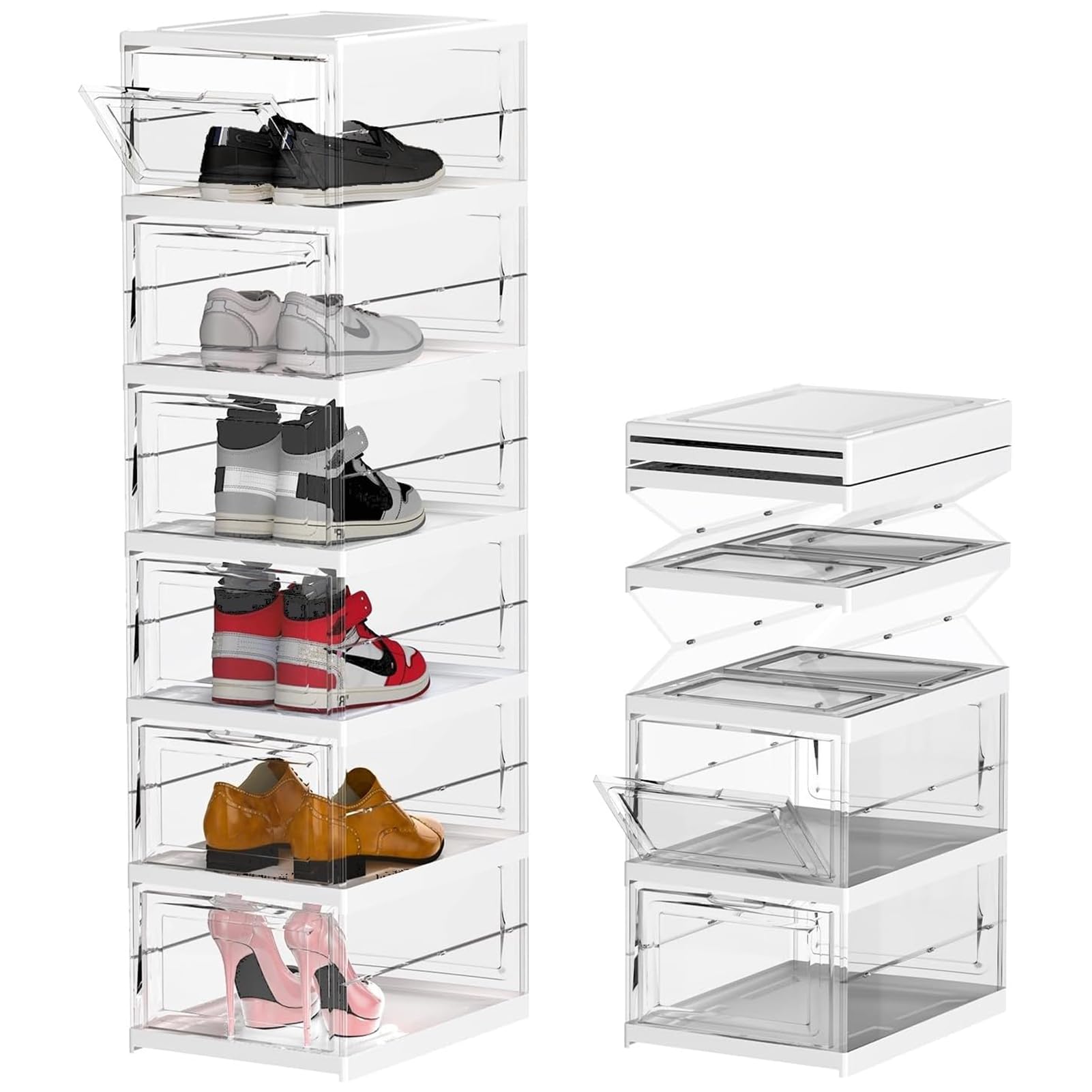 DAYONGFoldable Shoe Storage Boxes, 6 layers Clear Shoe Organizer with Lids, Installation-free All-in-one Shoe Box, Stackable Shoe Rack Sneaker Container Bin Holder