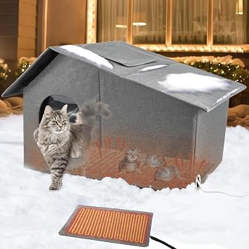 Heated Cat House for Outdoor in Winter, Insulated Heated Outdoor Kitty House with Heating Pad, Outside Winter Warm Shelter for Kittens Stray Cats Rabbits Squirrels Grey, 21"13.6"15.4"