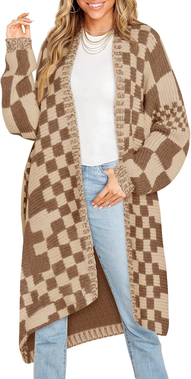 Saodimallsu Womens Checkered Long Cardigans Chunky Oversized Open Front Batwing Sleeve Color Block Knit Sweater Coats
