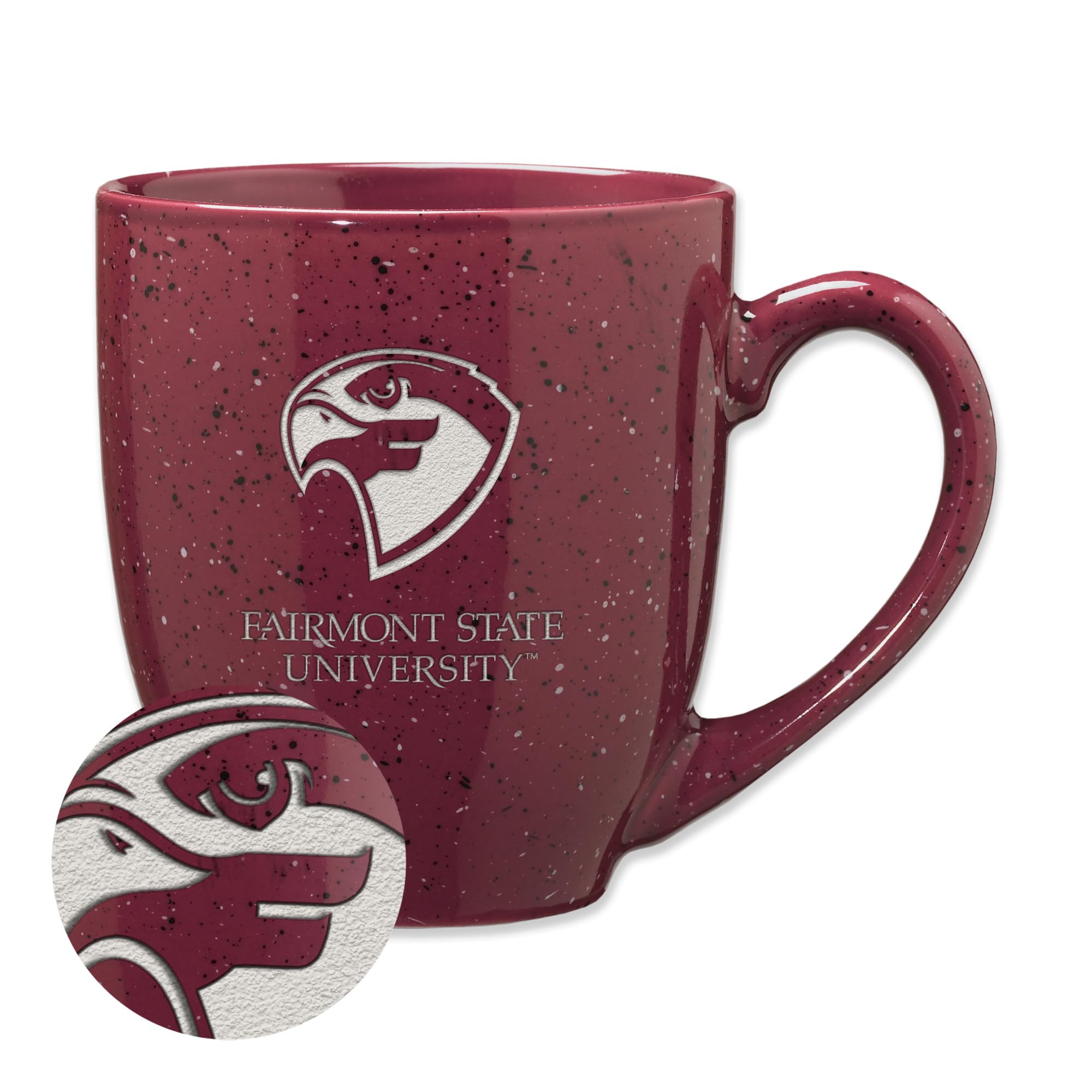 Rico Industries NCAA Fairmont State Falcons Primary Logo Maroon 16 oz Team Color Laser Engraved Speckled Ceramic Coffee Mug
