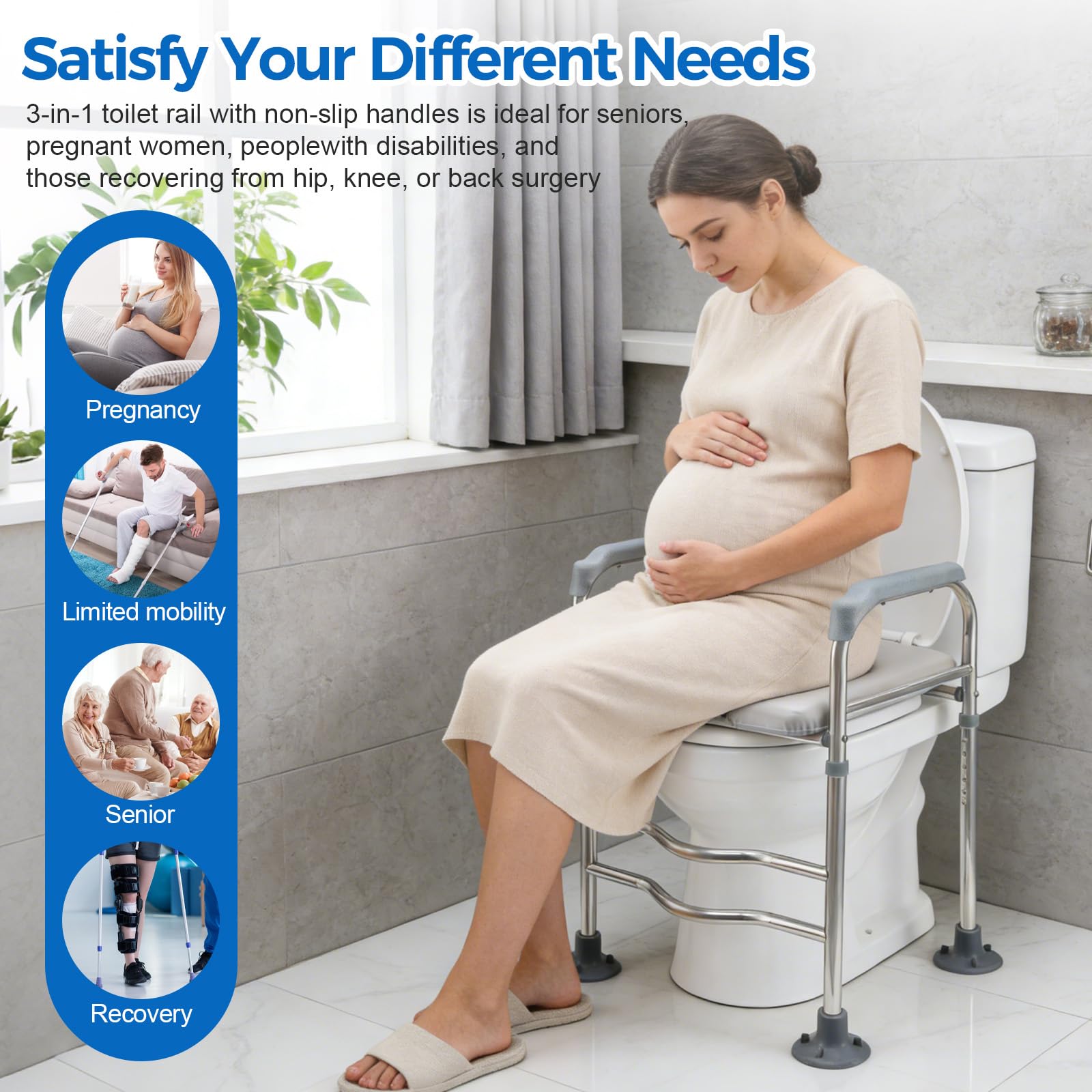 Rialzo per sedile WC resistente, con maniglie di sicurezza, regolabile in altezza, telaio di supporto per WC per disabili, sedili rialzati per anziani in gravidanza, adatto a qualsiasi bagno, capacità