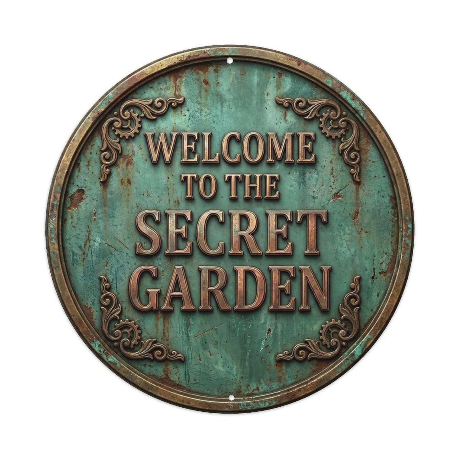 Vintage Welcome Secret Garden Gold Mint Scrollwork Metal Tin Sign