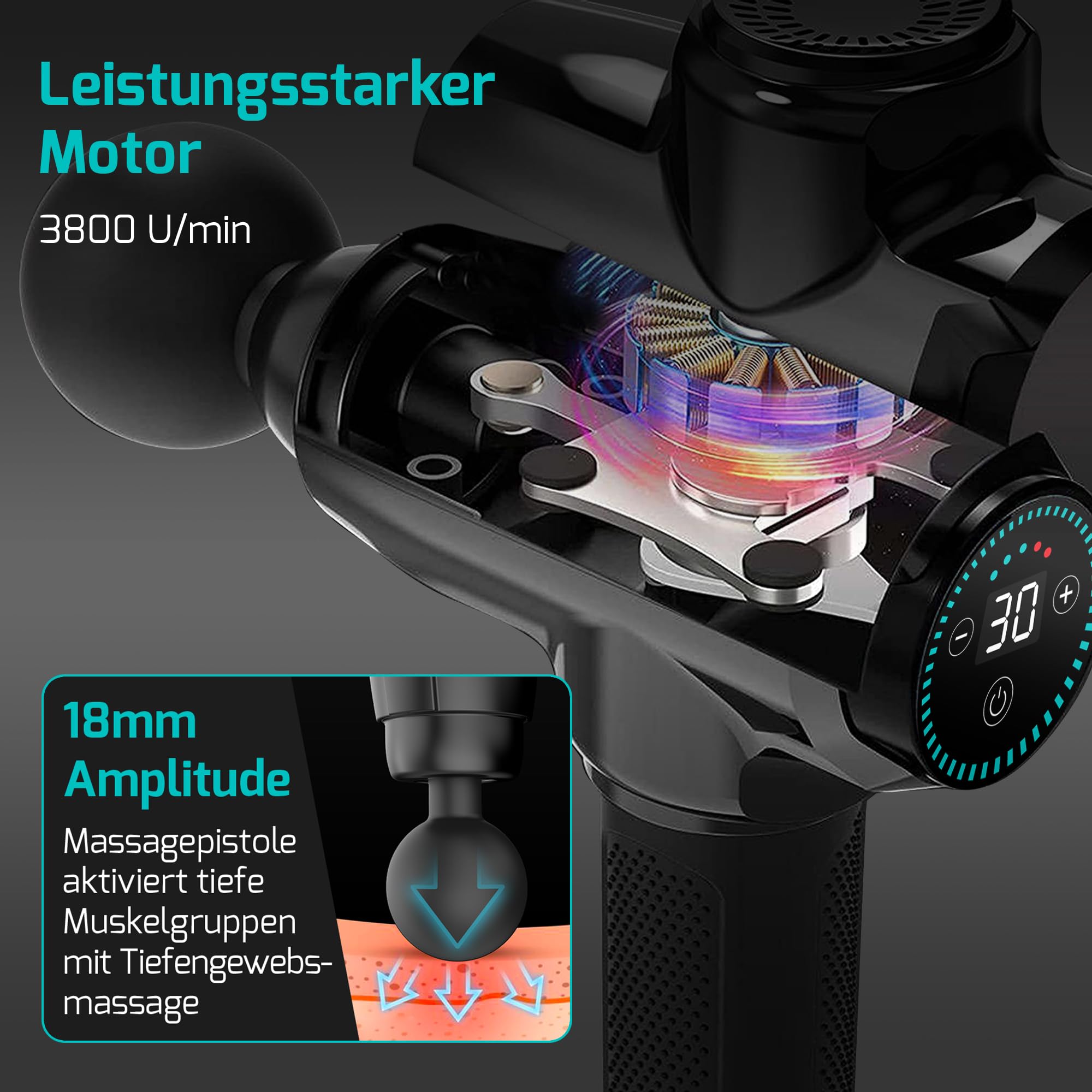 FITAGE Massagepistole, Leises Massagegerät mit 30 einstellbaren Geschwindigkeitsstufen, Massage Gun, 12 Aufsätze für Tiefengewebe Schulter, Rücken und Ganzkörperentspannung, Massage-Pistole – Original